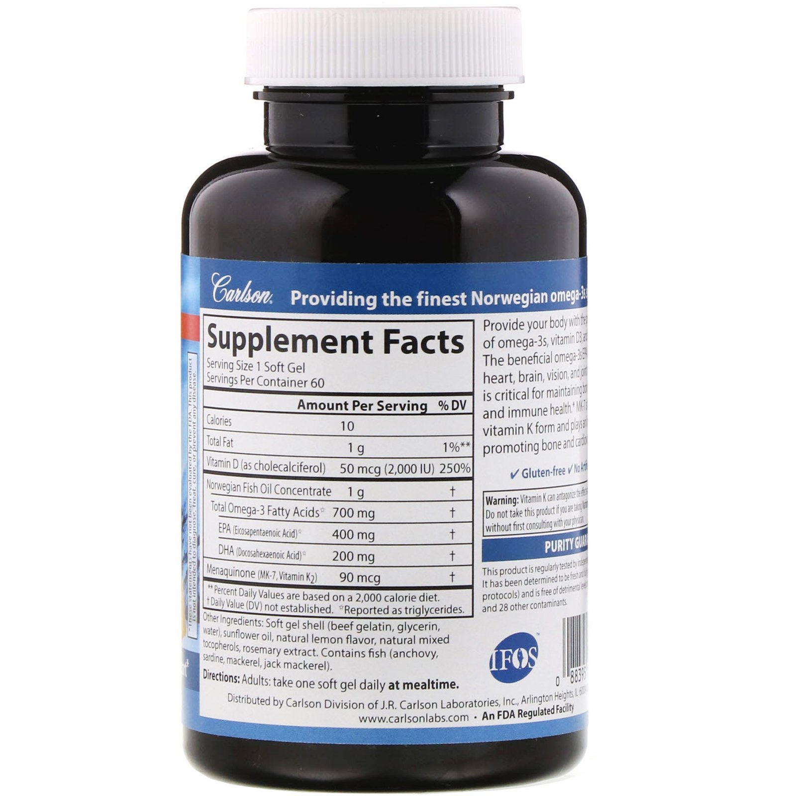 Carlson Labs, Elite Omega-3 com Vitamina D e K, Sabor Natural de Limão, 60 Cápsulas Softgel - Imagem 2