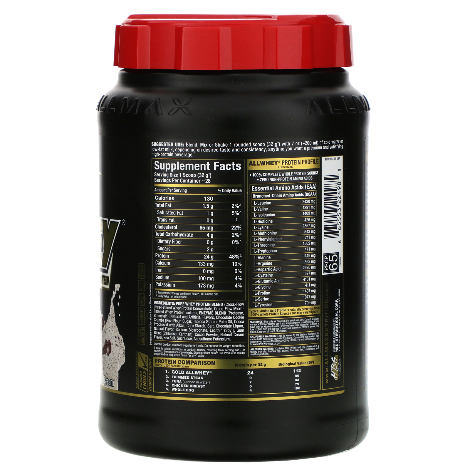 ALLMAX Nutrition, AllWhey Gold, 100% Proteína Whey + Isolado de Proteína Whey Premium, Cookies e Creme, 907 g (2 lbs). - Imagem 2