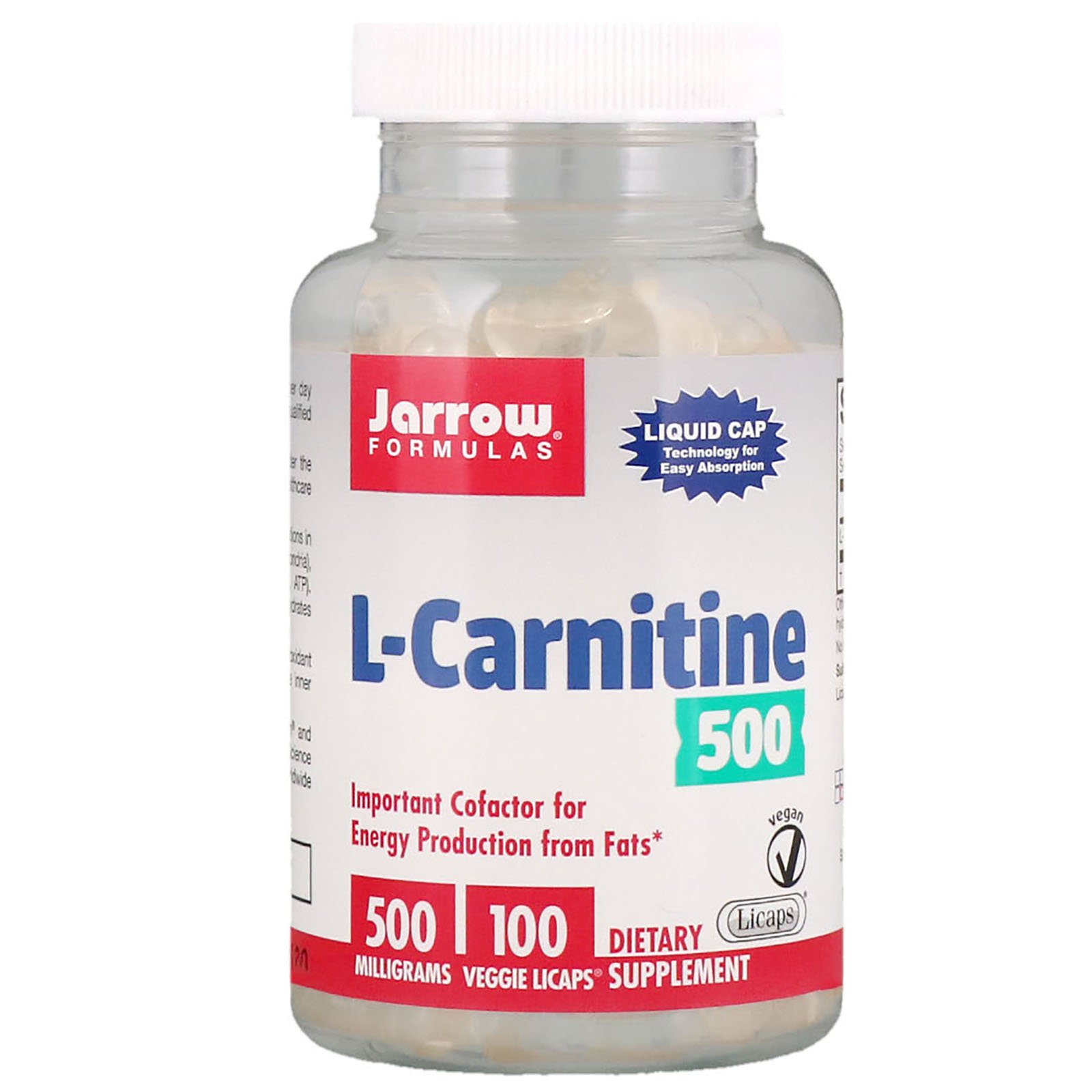Jarrow Formulas, L-Carnitine 500, 500 mg, 100 Veggie Licaps