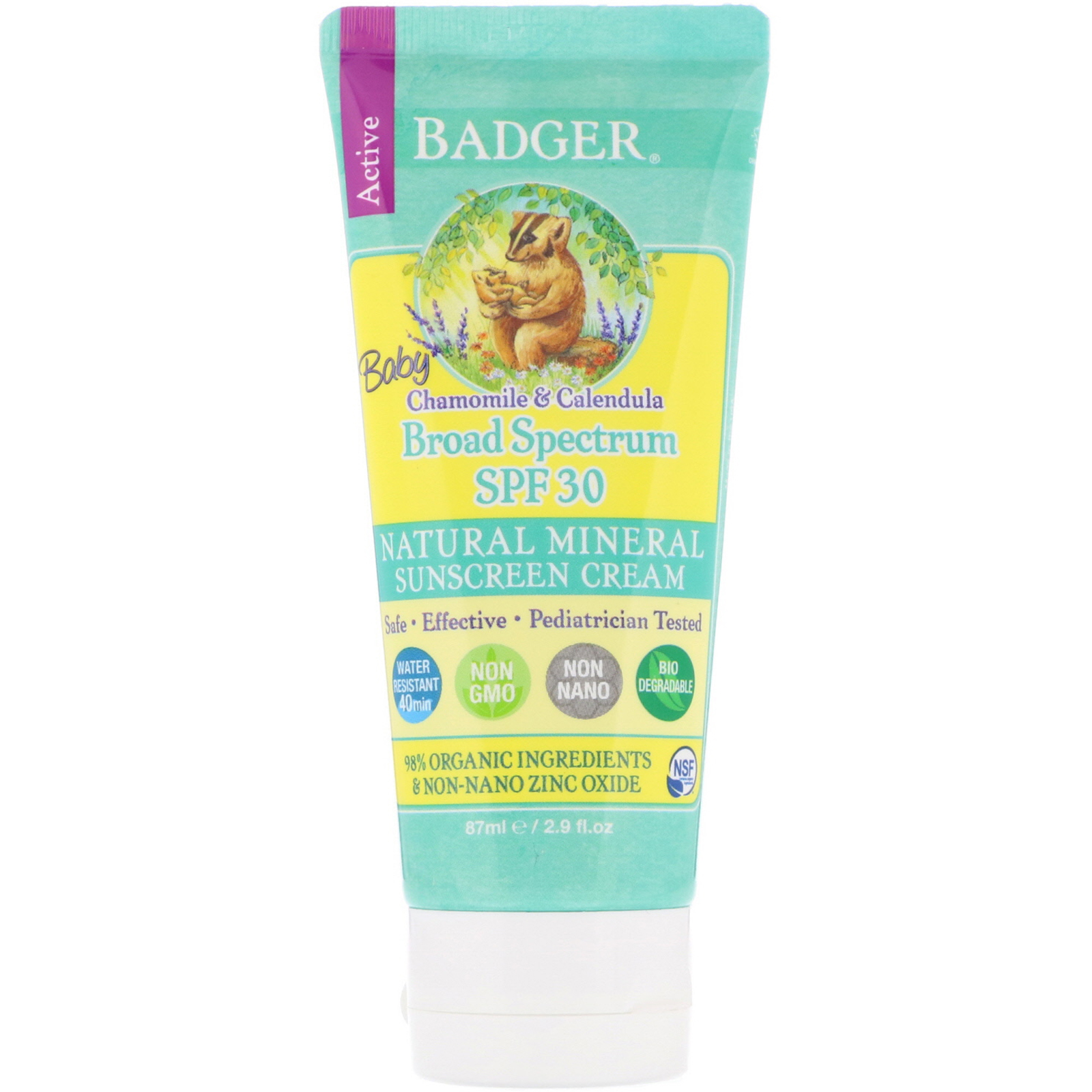 Badger Company, Baby Sunscreen Cream, SPF 30 PA+++, Camomila e Calêndula, 87 ml (2,9 fl oz)