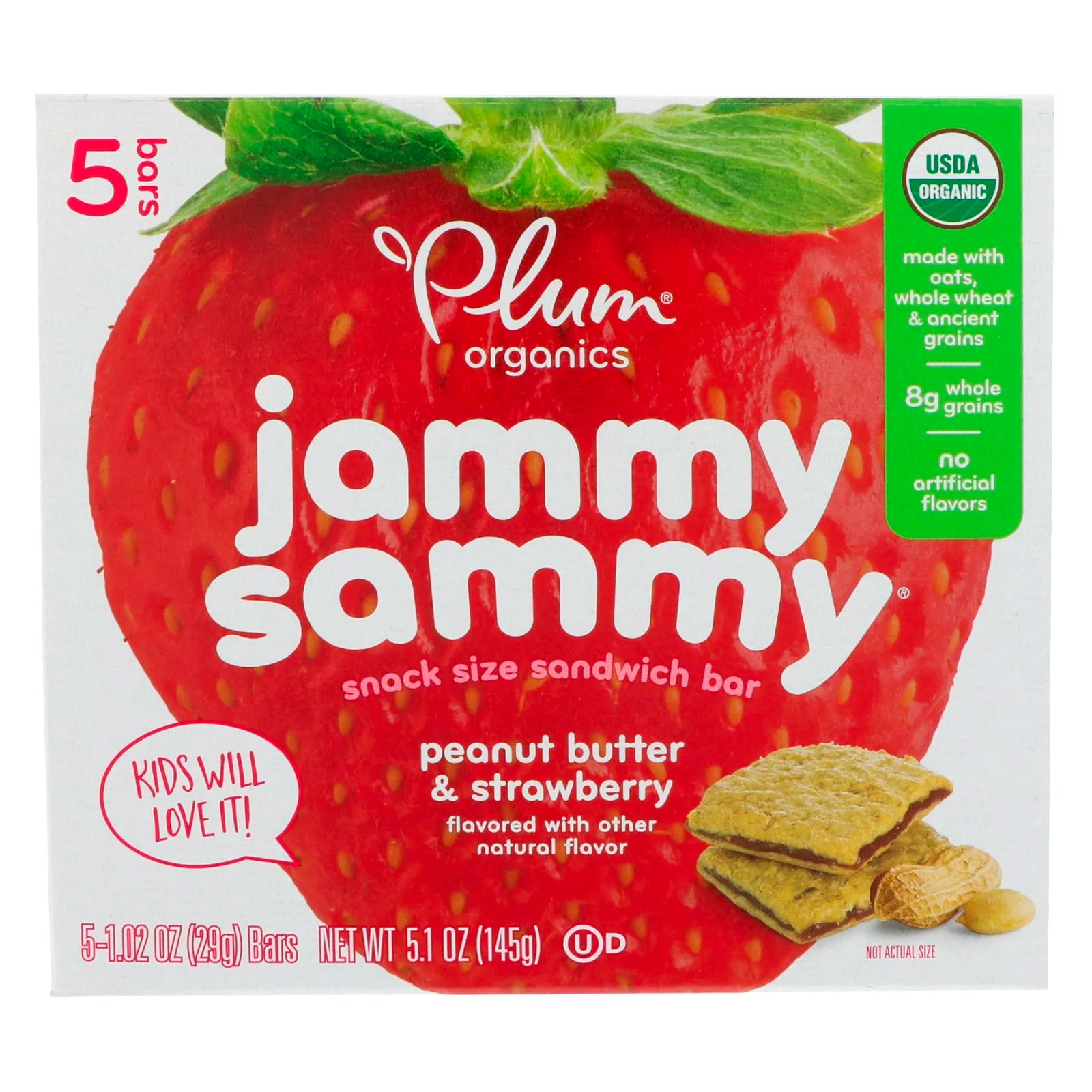 Plum Organics, Jammy Sammy Orgânico, Manteiga de Amendoim e Morango, 5 Barras, 29 g Cada