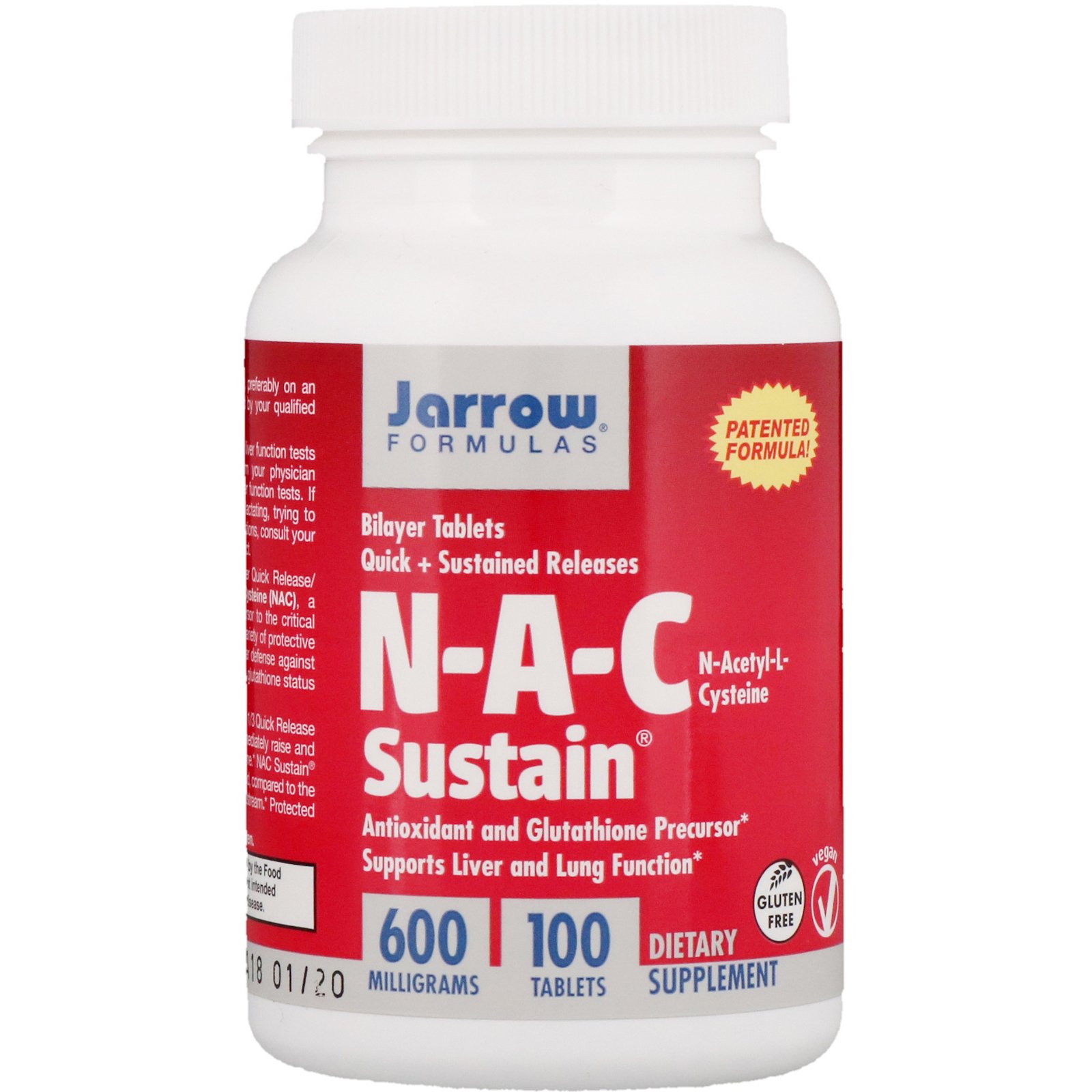 Jarrow Formulas, N-A-C Sustain, N-Acetil-L-Cisteína, 600 mg, 100 Comprimidos