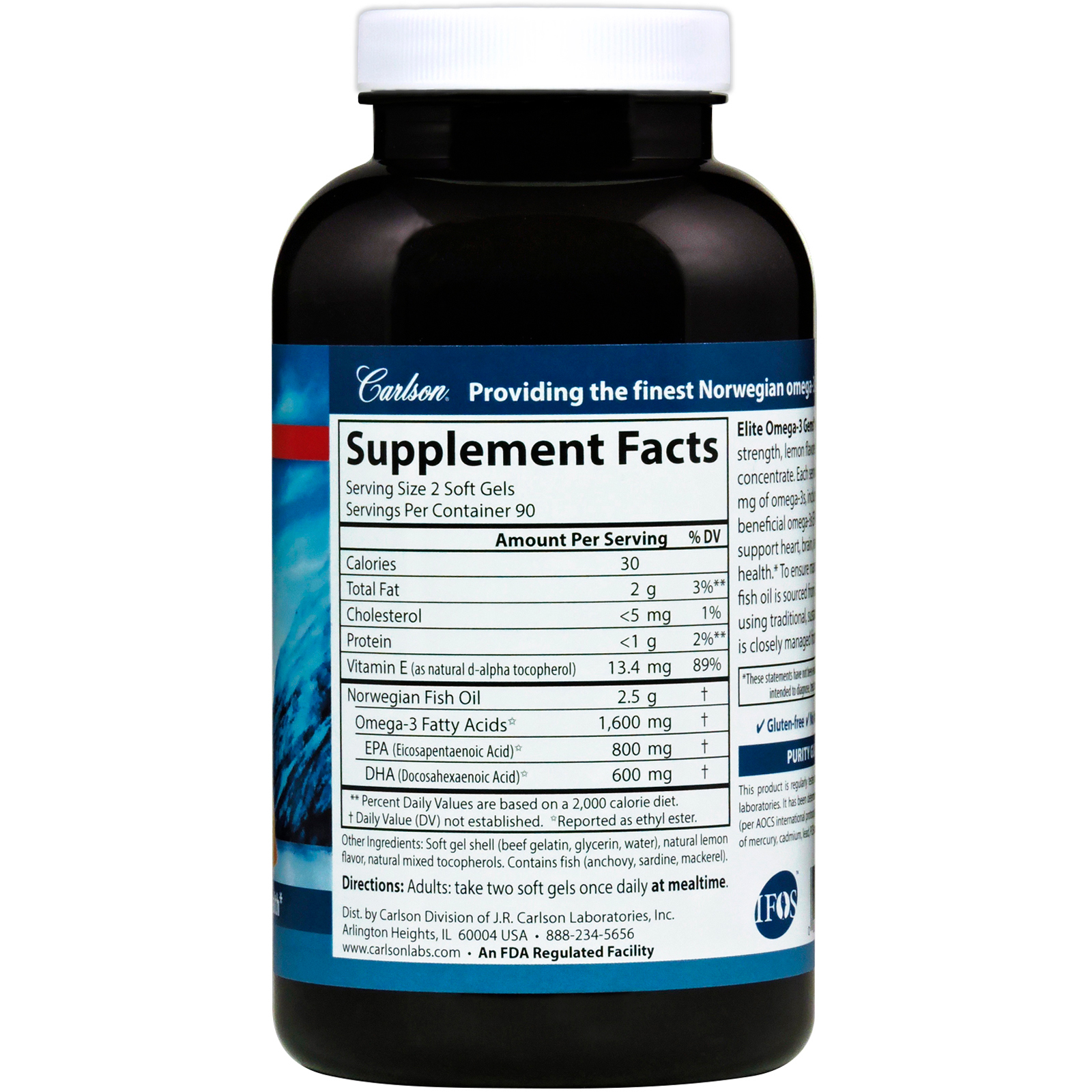 Carlson Labs, Peixe Selvagem, Elite Omega-3 Gems, Sabor Natural de Limão, 1600 mg, 180 Cápsulas de Softgel - Imagem 2