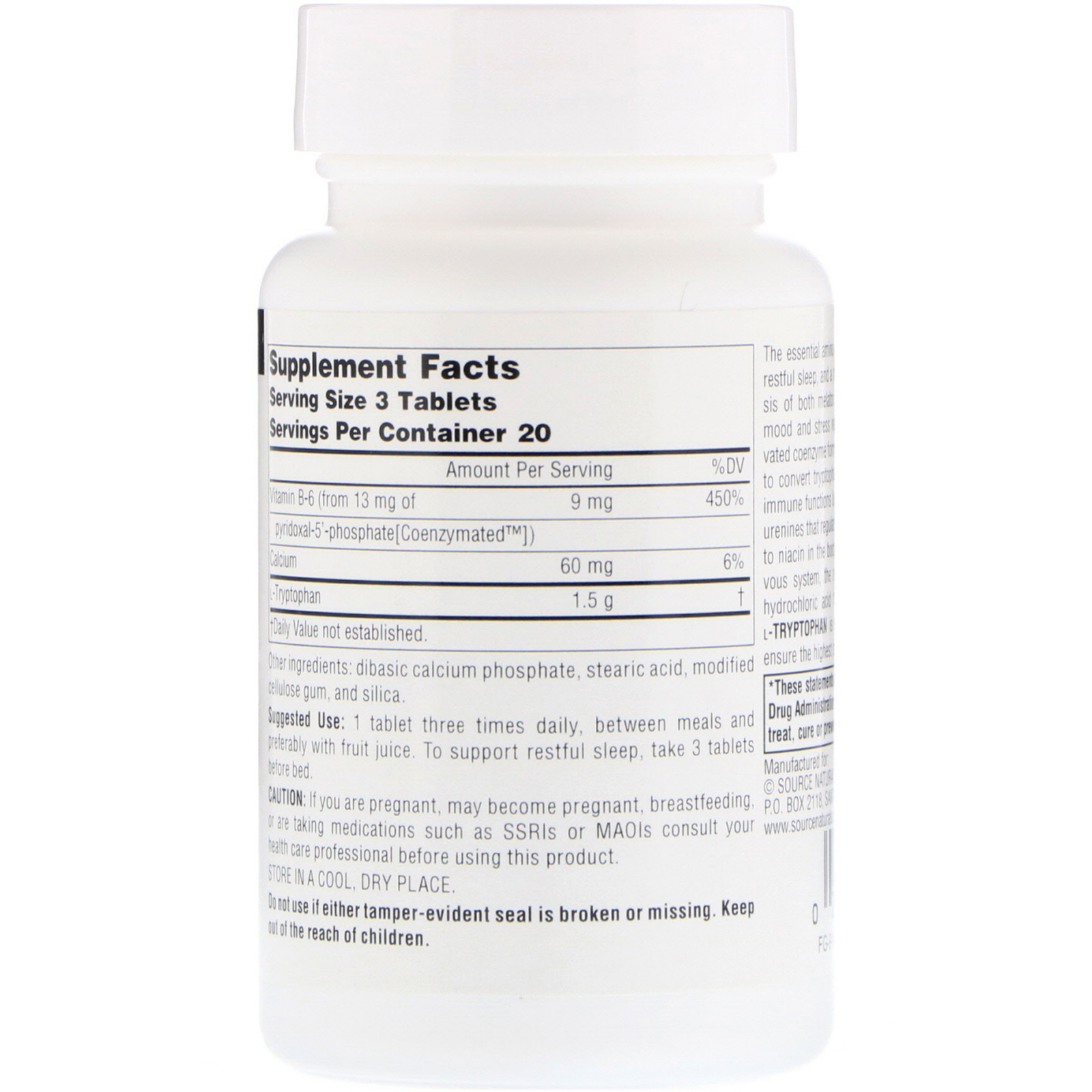 Source Naturals, L-triptofano com Coenzima B-6, 500 mg, 60 Comprimidos - Imagem 2