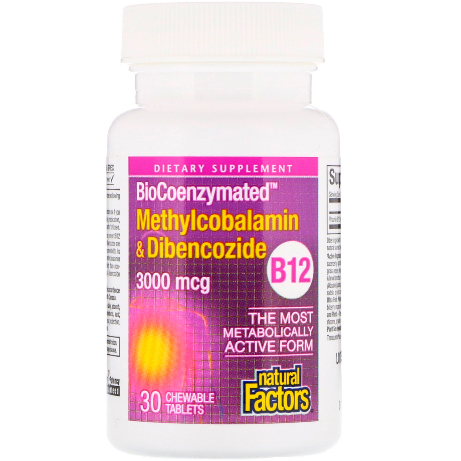 Natural Factors, BioCoenzymated, B12, Methylcobalamin & Dibencozide, 3,000 mcg, 30 Chewable Tablets - Imagem 3