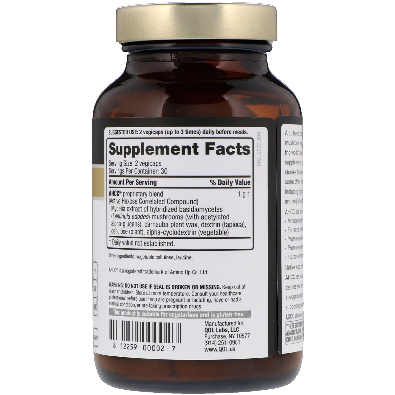 Quality of Life Labs, Kinoko Gold AHCC, Suporte Imunológico, 500 mg, 60 Cápsulas Vegetais - Imagem 2