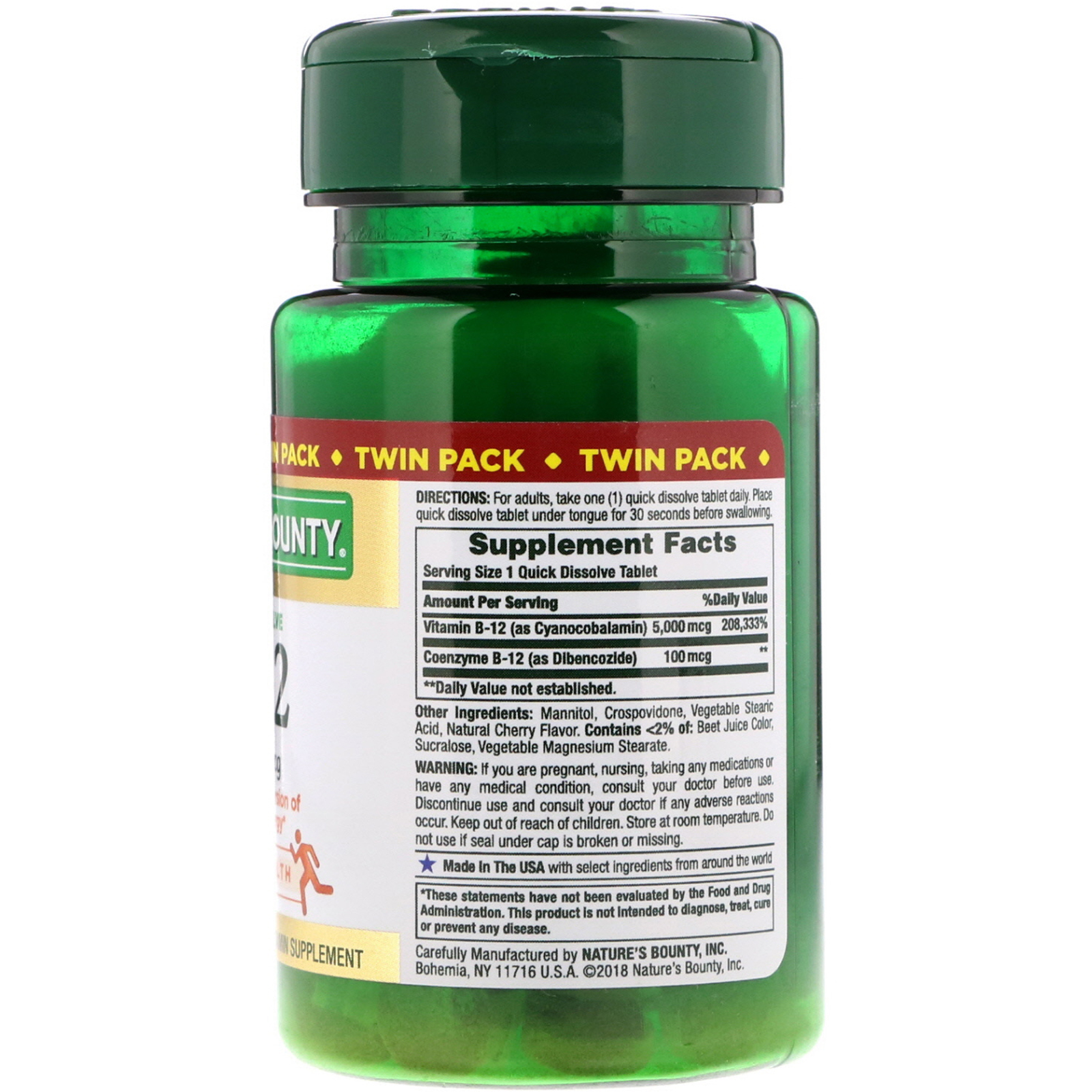 Nature's Bounty, B-12, Twin Pack, Naturally Cherry Flavor, 5,000 mcg, 40 Quick Dissolve Tablets Each - Imagem 2