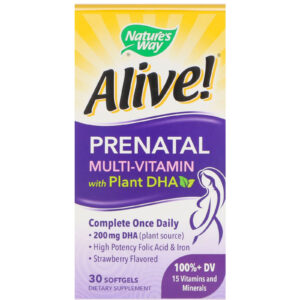 Nature's Way, Alive! Multivitamínico Pré-Natal com DHA Vegetal, Sabor Morango, 30 Cápsulas Gelatinosas