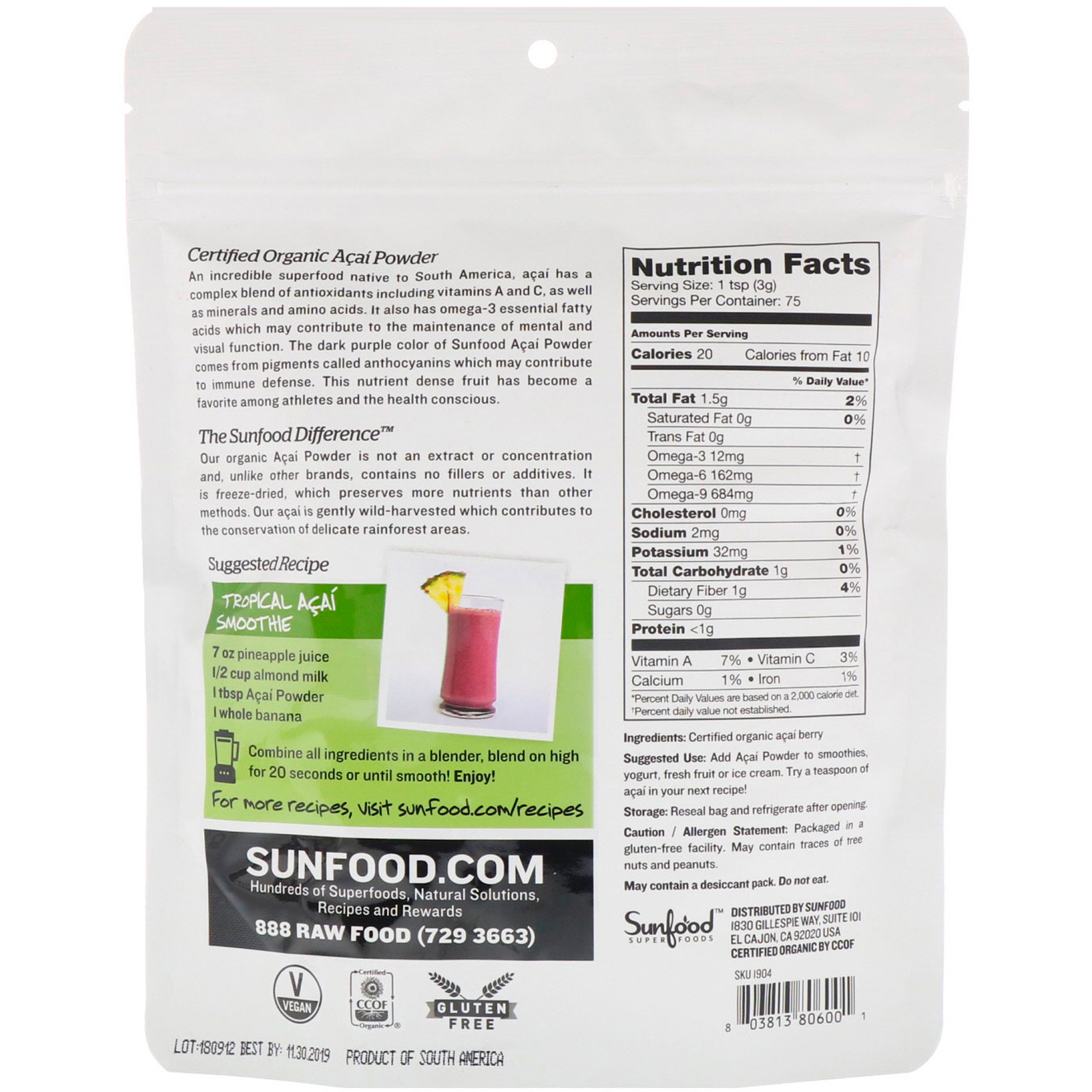Sunfood, Organic Acai Powder, 8 oz (227 g) - Imagem 2