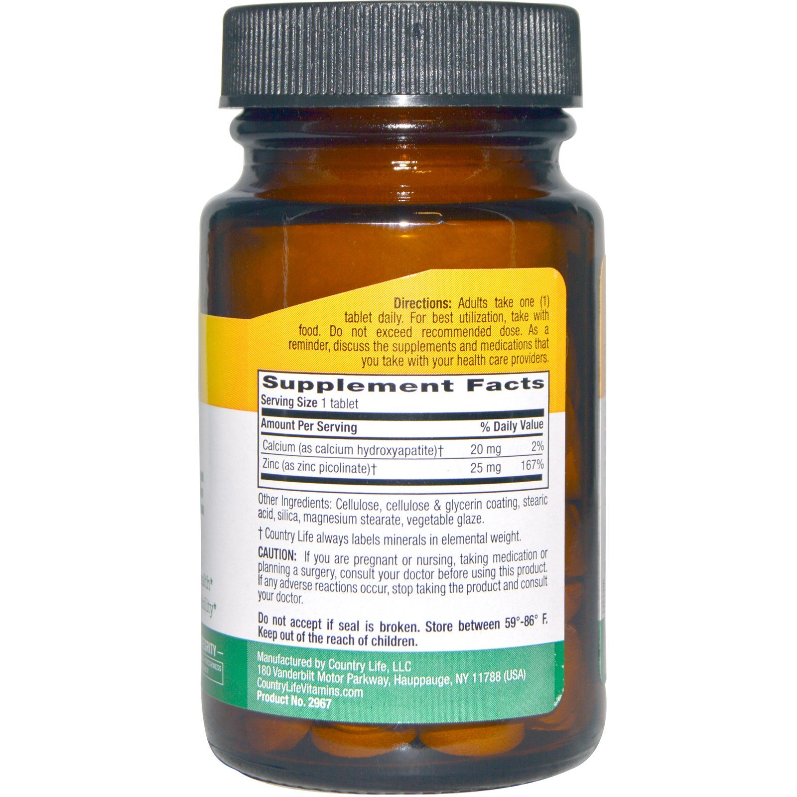 Country Life, Picolinato de Zinco, 25 mg, 100 Comprimidos - Imagem 2