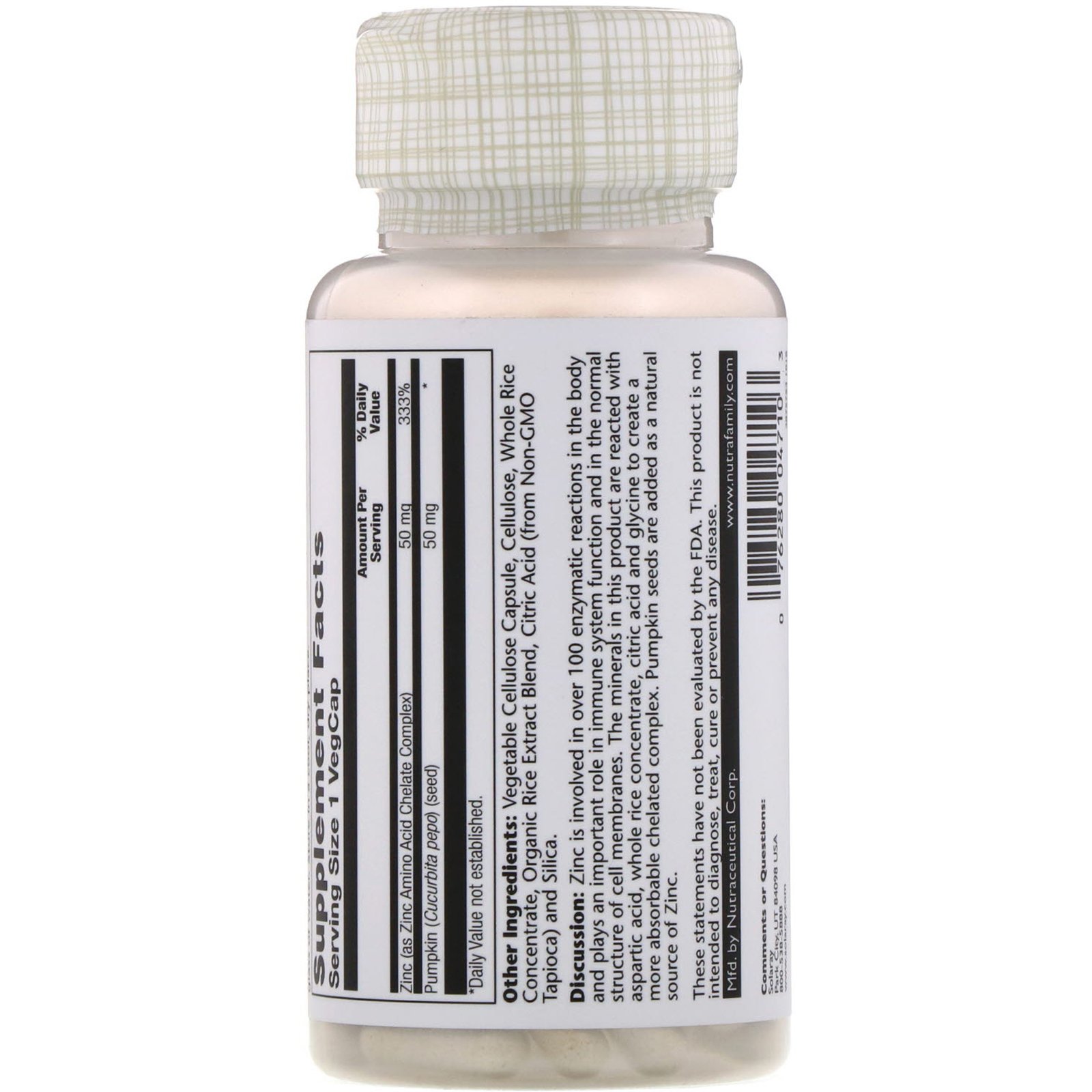 Solaray, Zinco, 50mg, 100 cápsulas vegetais - Imagem 2