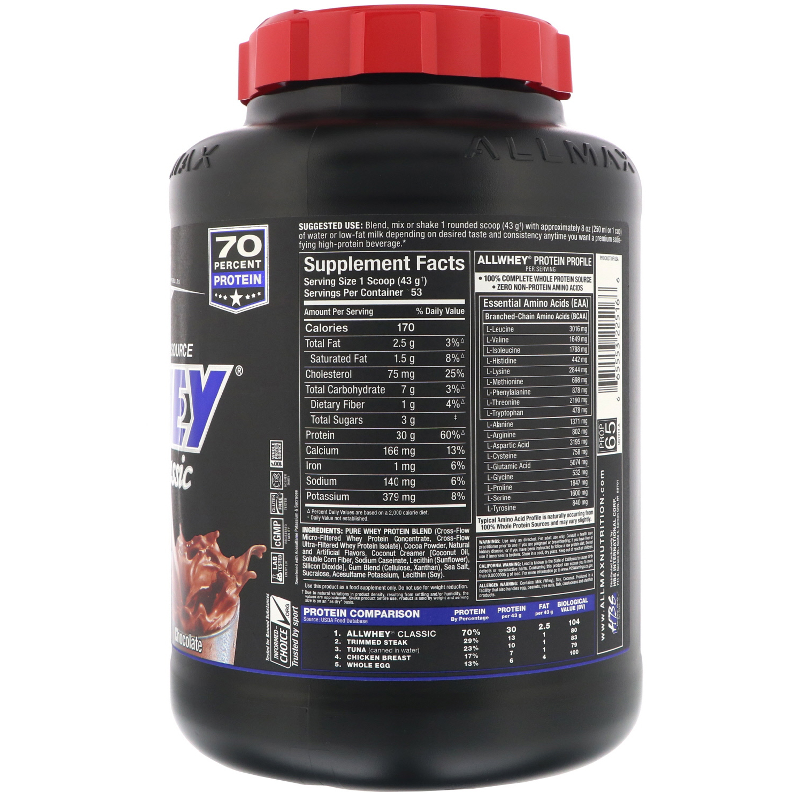 ALLMAX Nutrition, AllWhey Classic, 100% Proteína de soro de leite, Chocolate, 5 lbs (2,27 kg) - Imagem 2