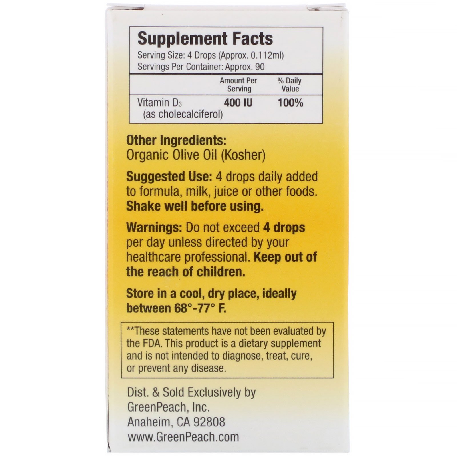 GreenPeach, Infants & Kids + Adults, Vitamin D3, 400 IU, 0.34 fl oz (10 ml) - Imagem 2
