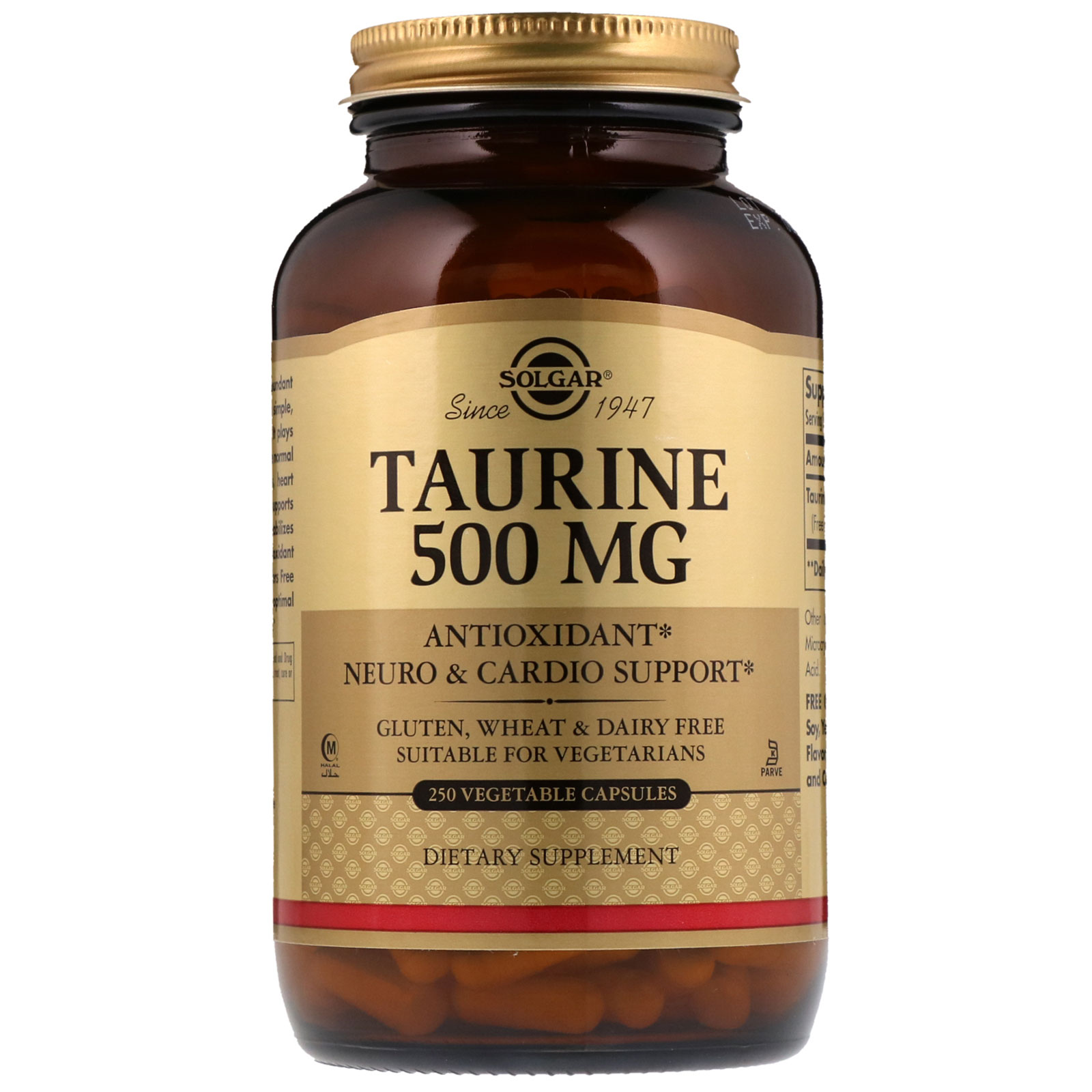 Solgar, Taurina, 500 mg, 250 Cápsulas Vegetais