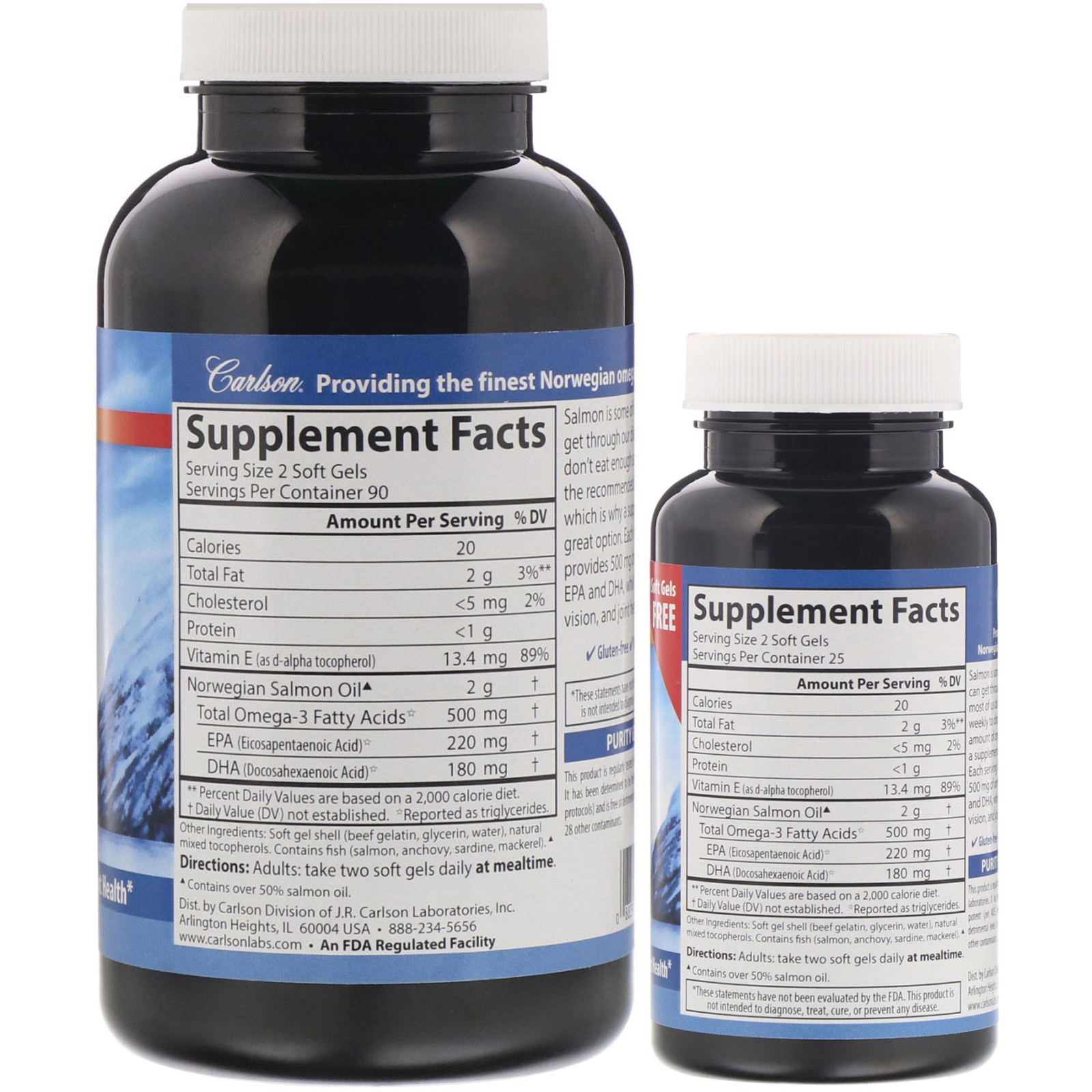 Carlson Labs, Norwegian, Salmon Oil, 500 mg, 180 + 50 Free Soft Gels - Imagem 2
