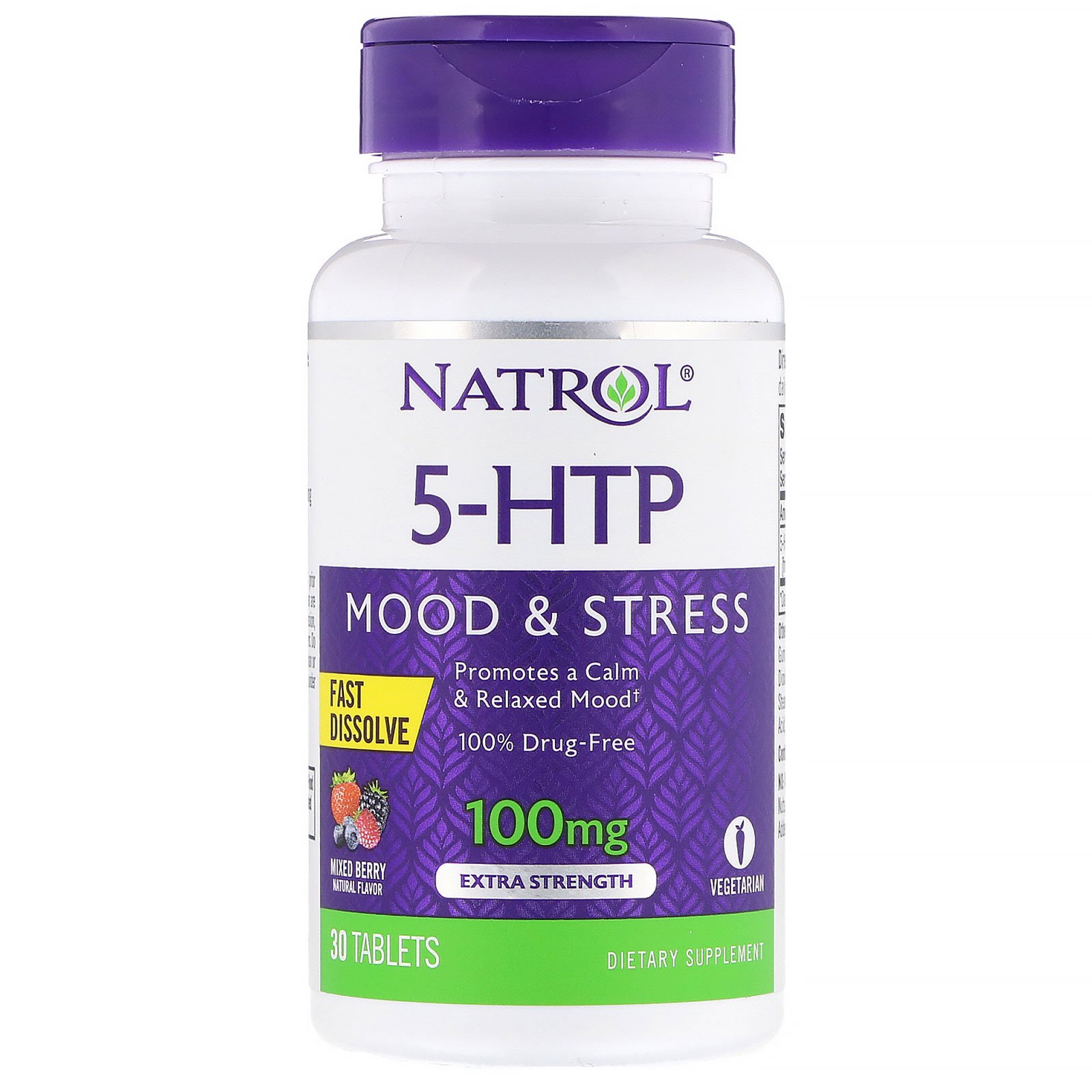 Natrol, 5-HTP, Dissolução Rápida, Força Extra, Sabor Bagas Selvagens, 100 mg, 30 Comprimidos