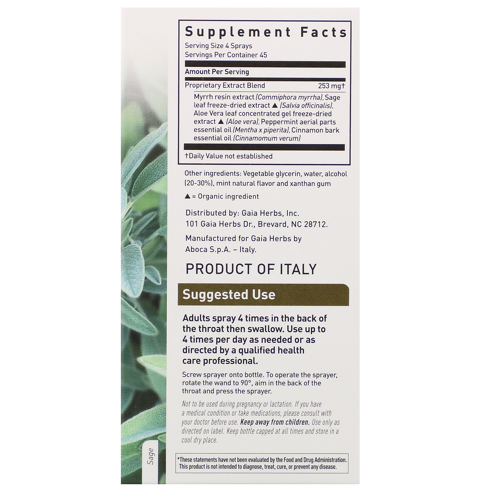 Gaia Herbs, Spray Escudo para a Garganta, Sálvia e Aloe, 30 ml - Imagem 2