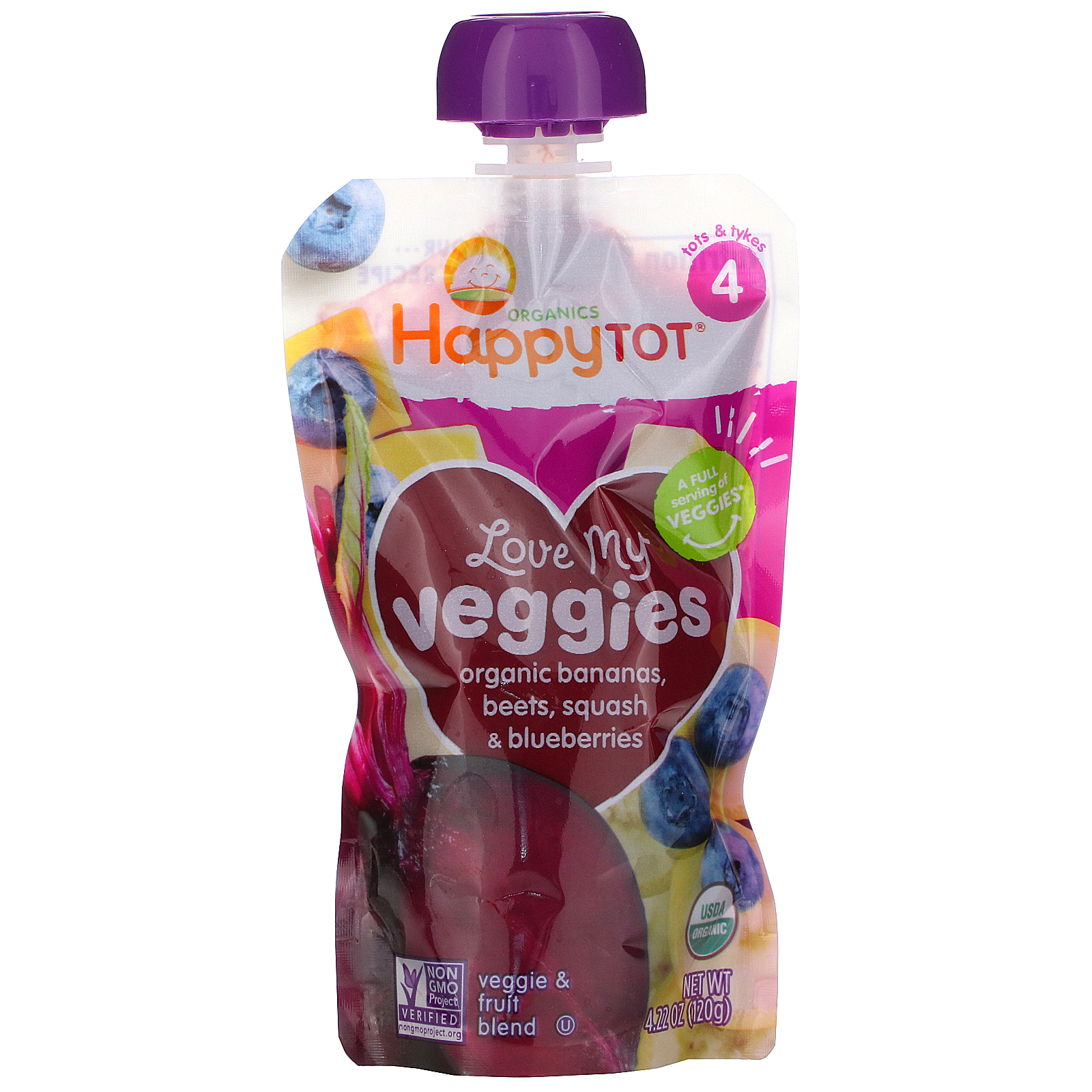 Happy Family Organics, Happy Tot, Stage 4, Love My Veggies, Organic Bananas, Beet, Squash & Blueberries, 4 Pouches, 4.22 oz (120 g) Each - Imagem 3