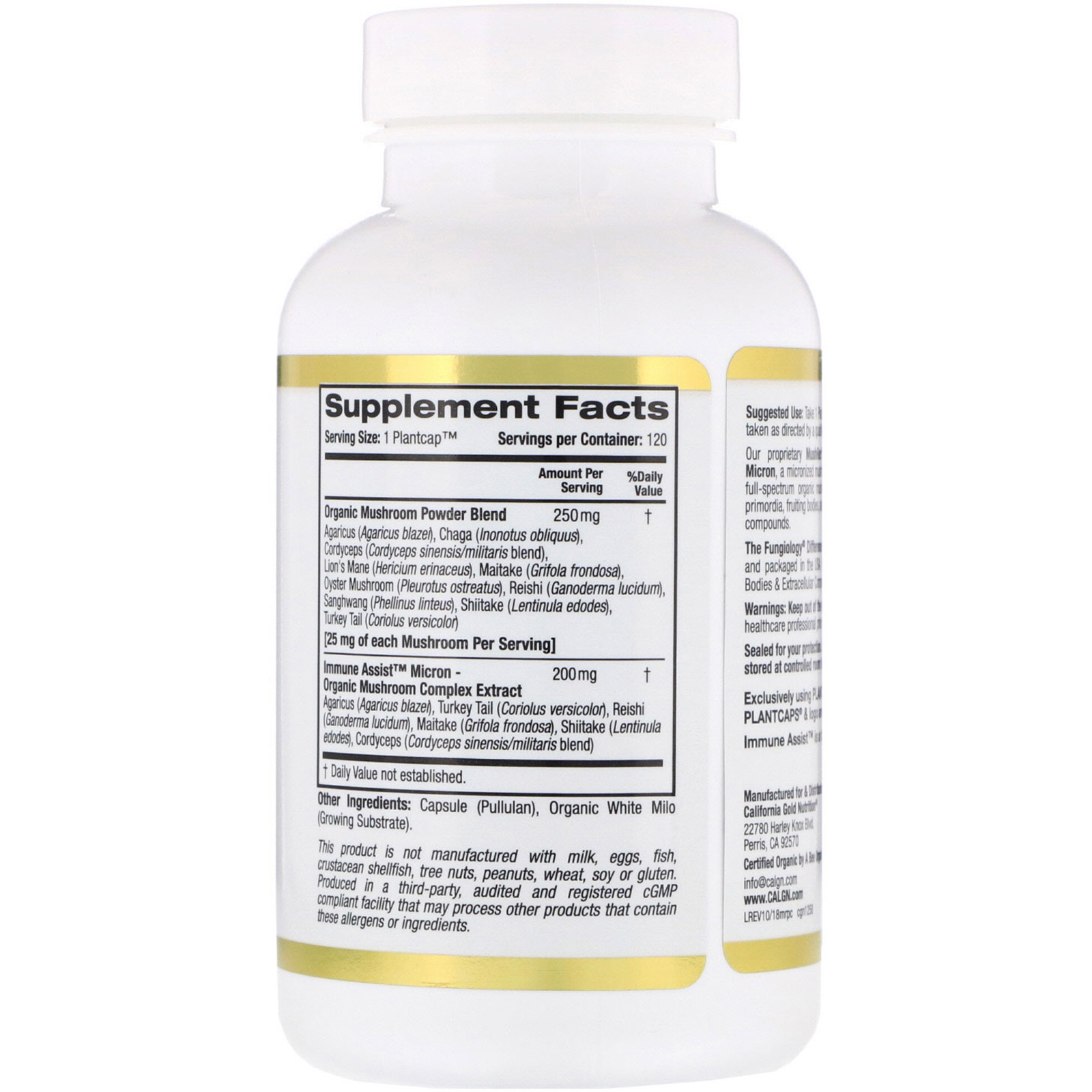 California Gold Nutrition, Fungiology, MushRex Plus, Complexo de Cogumelos de Espectro Completo, Certified Organic, Immune Assist™ Micron, 120 Plantcaps - Imagem 2