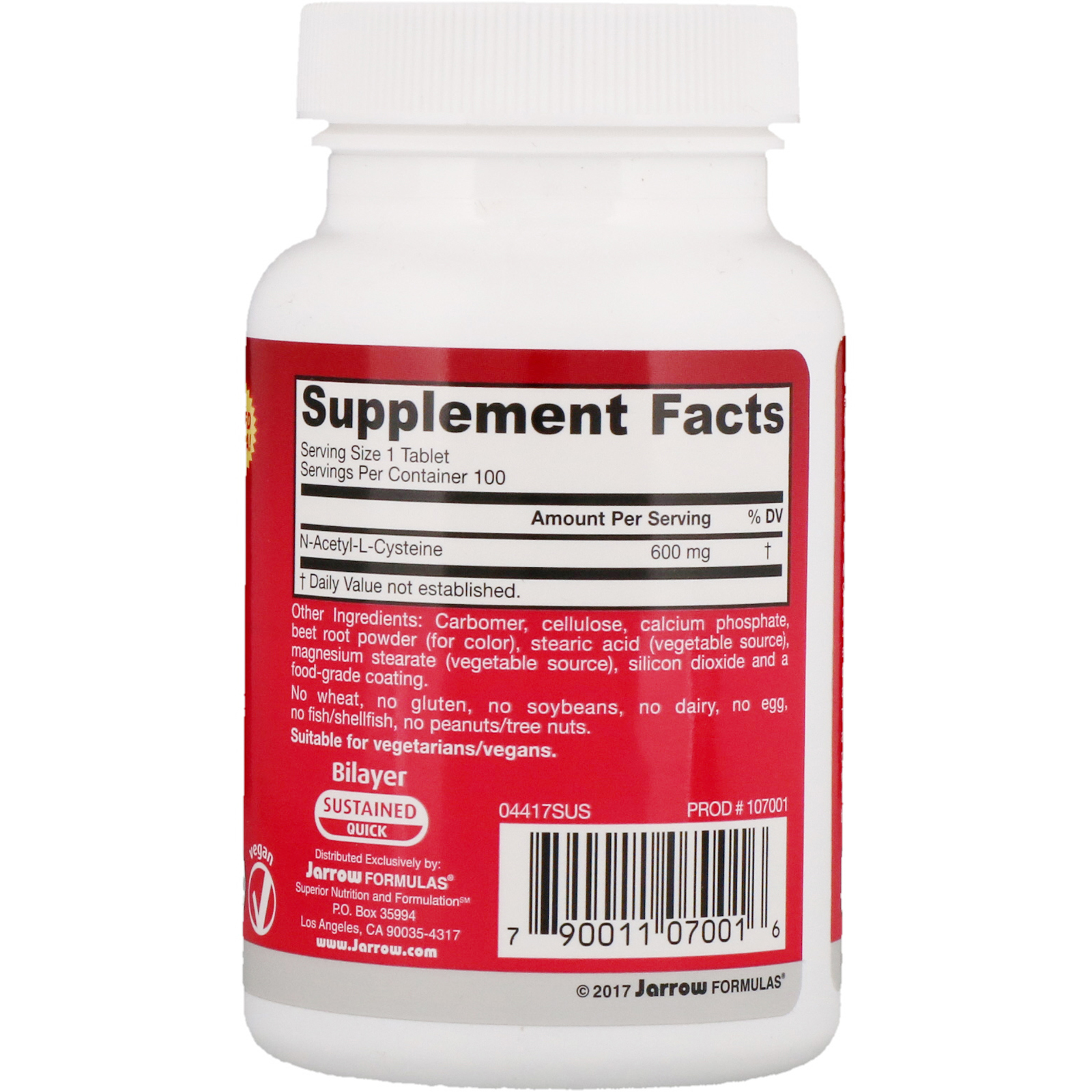 Jarrow Formulas, N-A-C Sustain, N-Acetil-L-Cisteína, 600 mg, 100 Comprimidos - Imagem 2