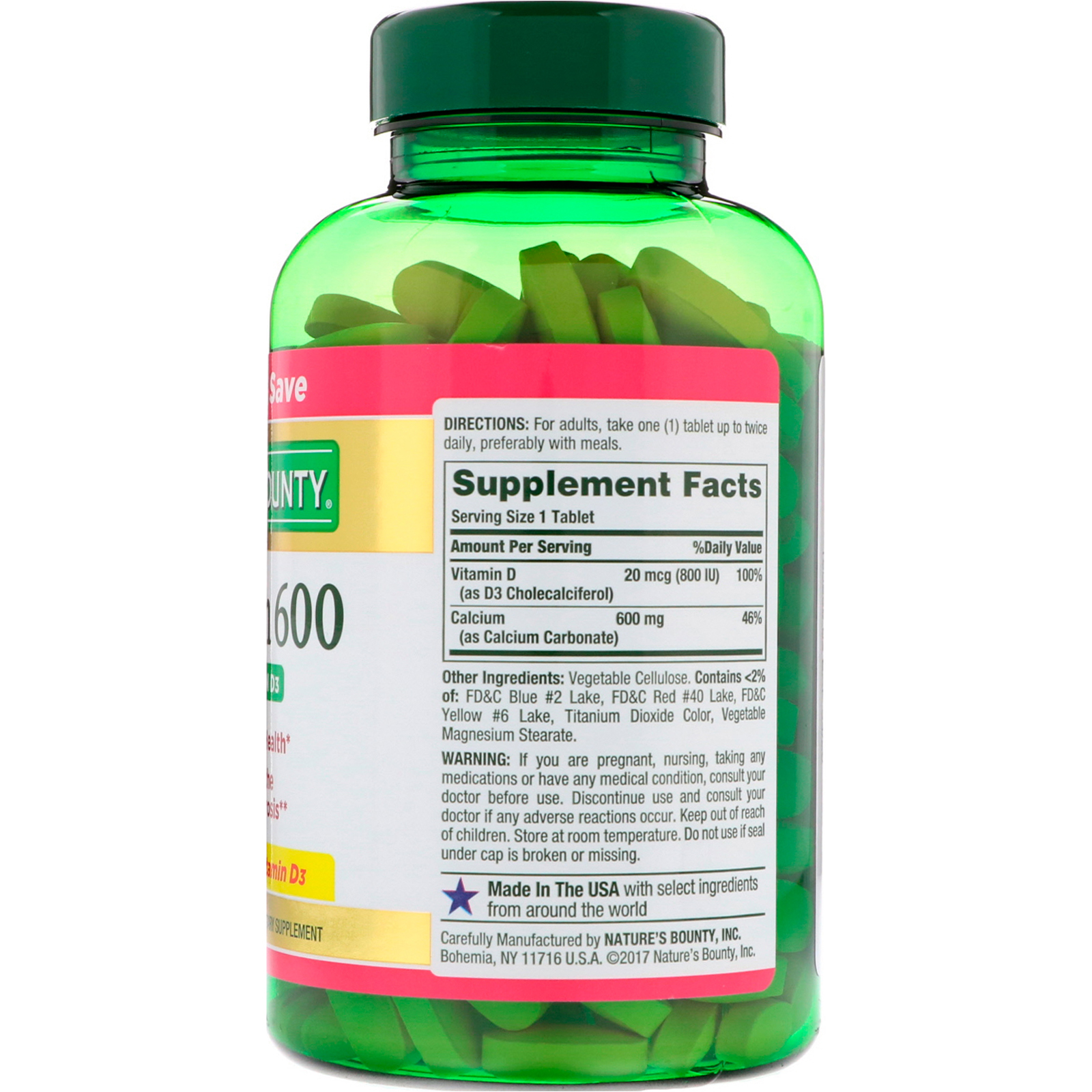 Nature's Bounty, Cálcio 600 com Vitamina D3, 250 Cápsulas - Imagem 2