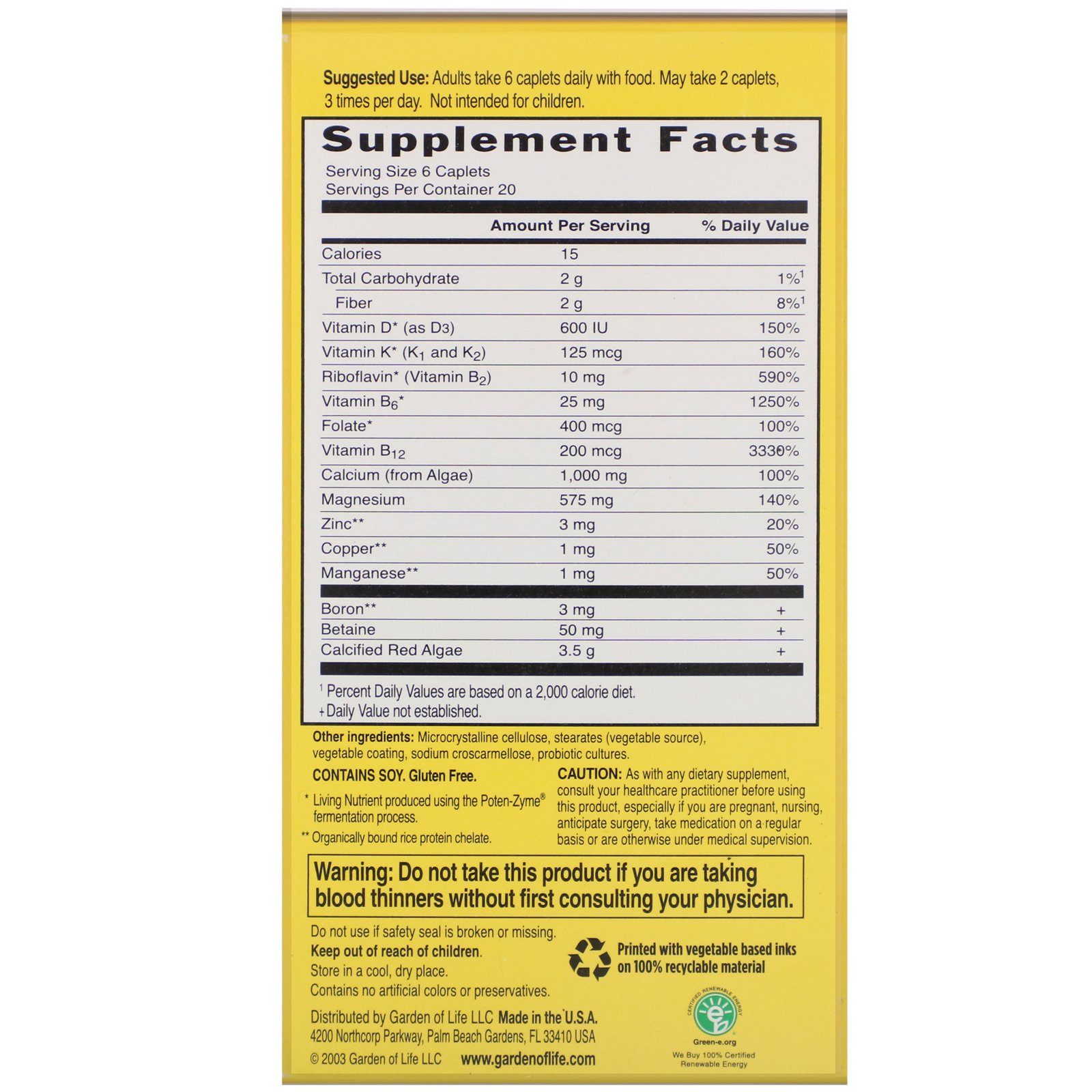 Garden of Life, Living Calcium Advanced, 120 Vegetarian Caplets - Imagem 2