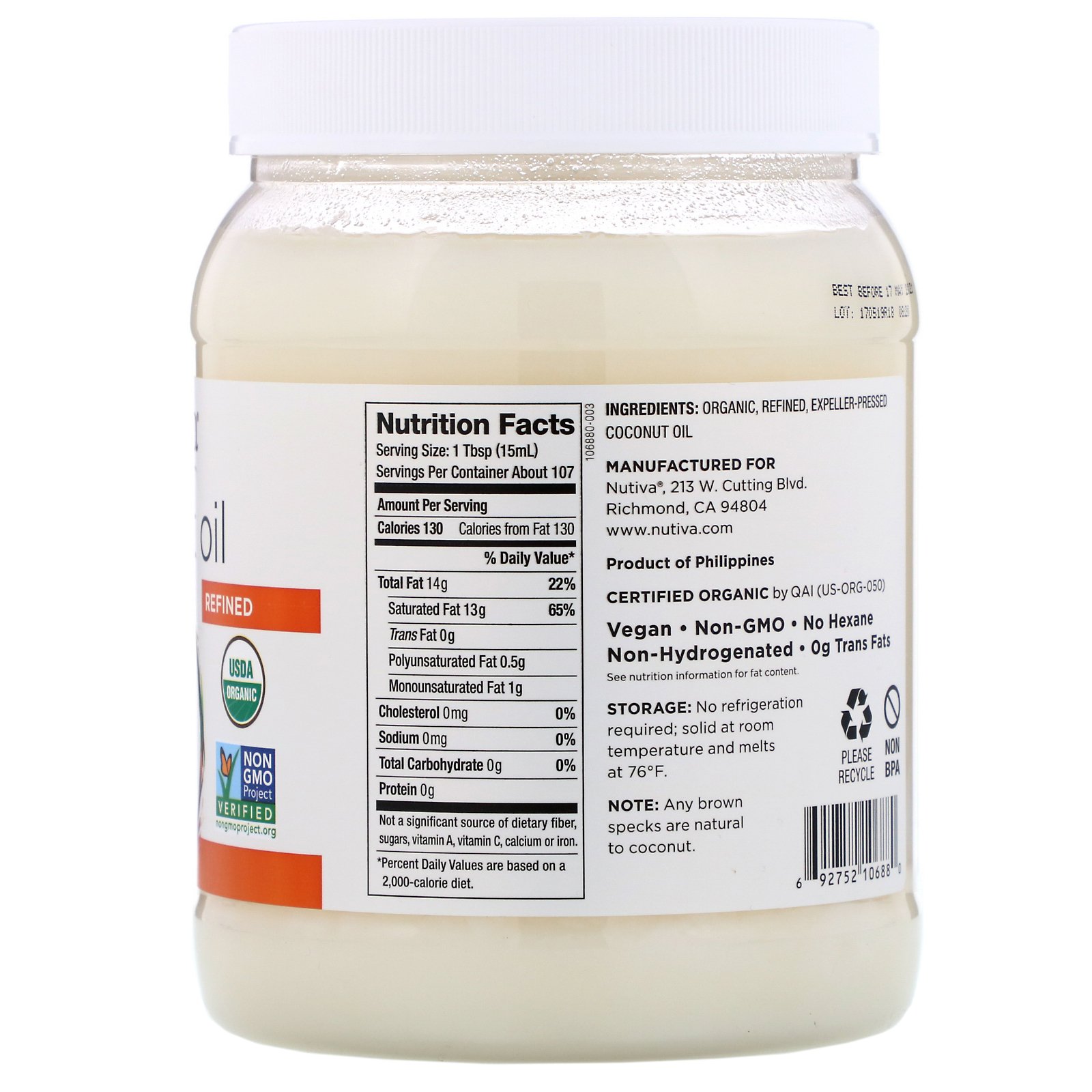 Nutiva, Óleo de Coco Orgânico, Refinado, 1,6 l (54 fl oz) - Imagem 2