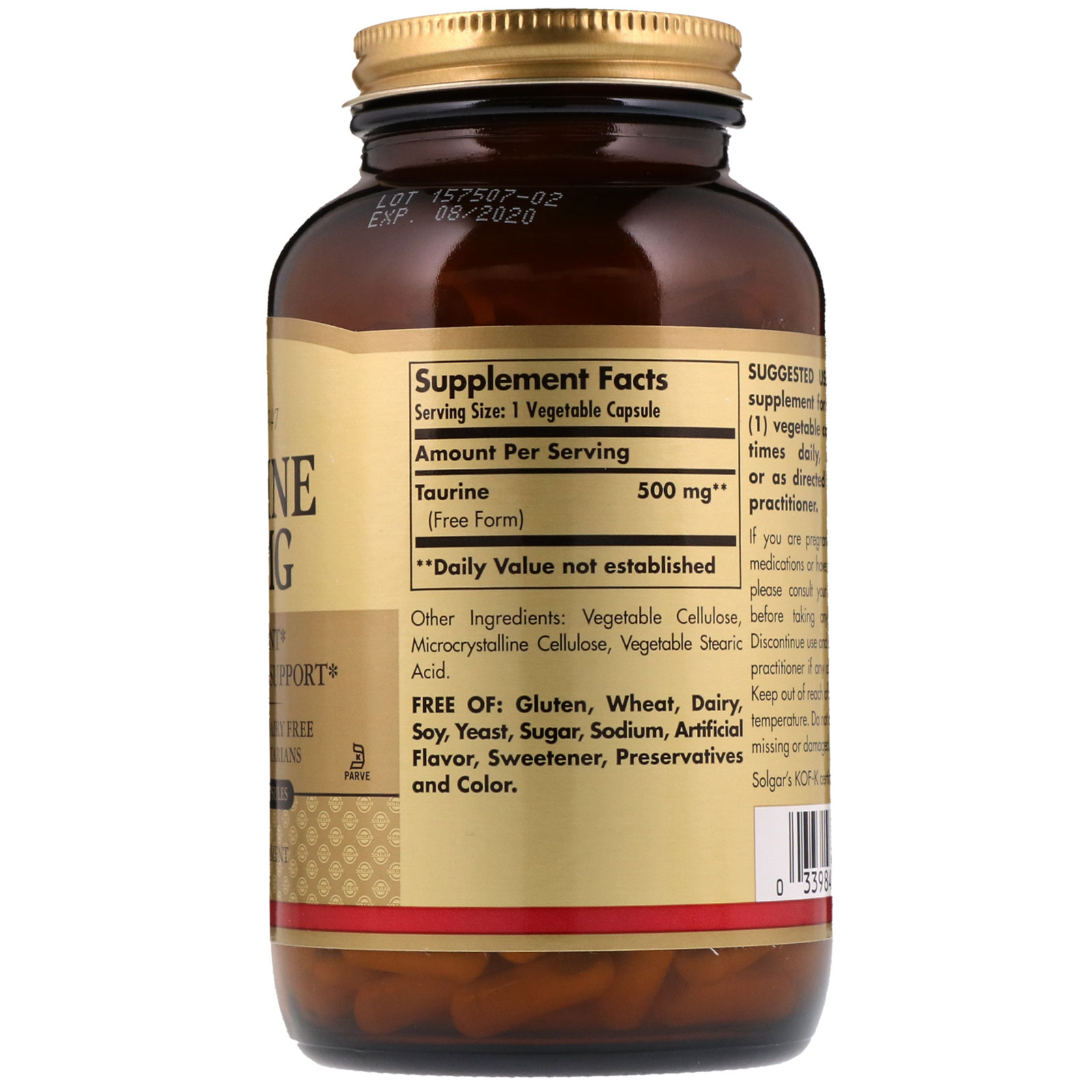 Solgar, Taurina, 500 mg, 250 Cápsulas Vegetais - Imagem 2