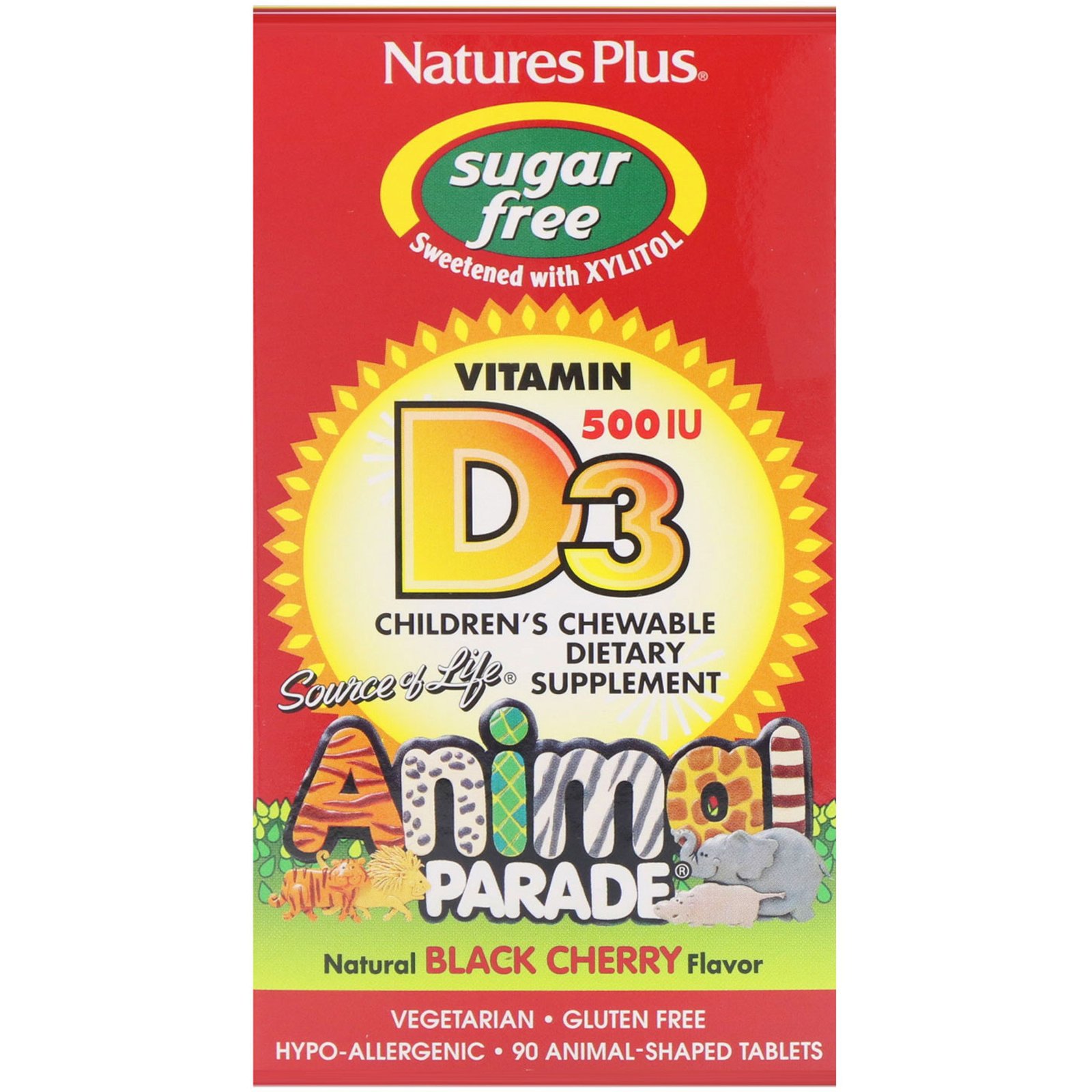 Nature's Plus, Source of Life, Animal Parade, Vitamina D3, Sem Açúcar, Sabor Natural de Cereja Preta, 500 UI, 90 Comprimidos em Forma de Animal - Imagem 2