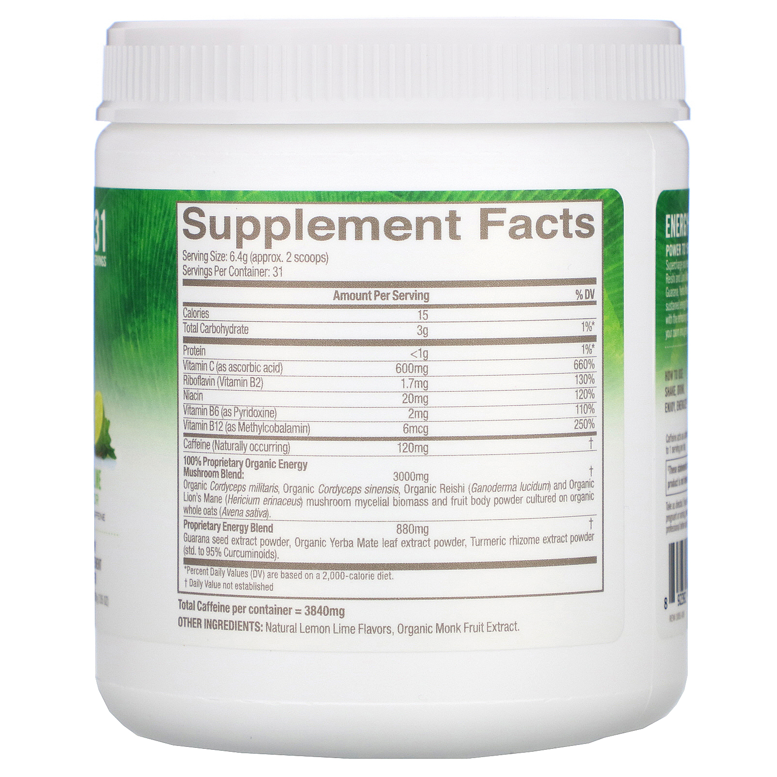 Organic Mushroom Nutrition, Energy+, Powered by Cordyceps + Yerba Mate Powder, Lemon Lime, 2,000 mg, 7.05 oz (200 g) - Imagem 2