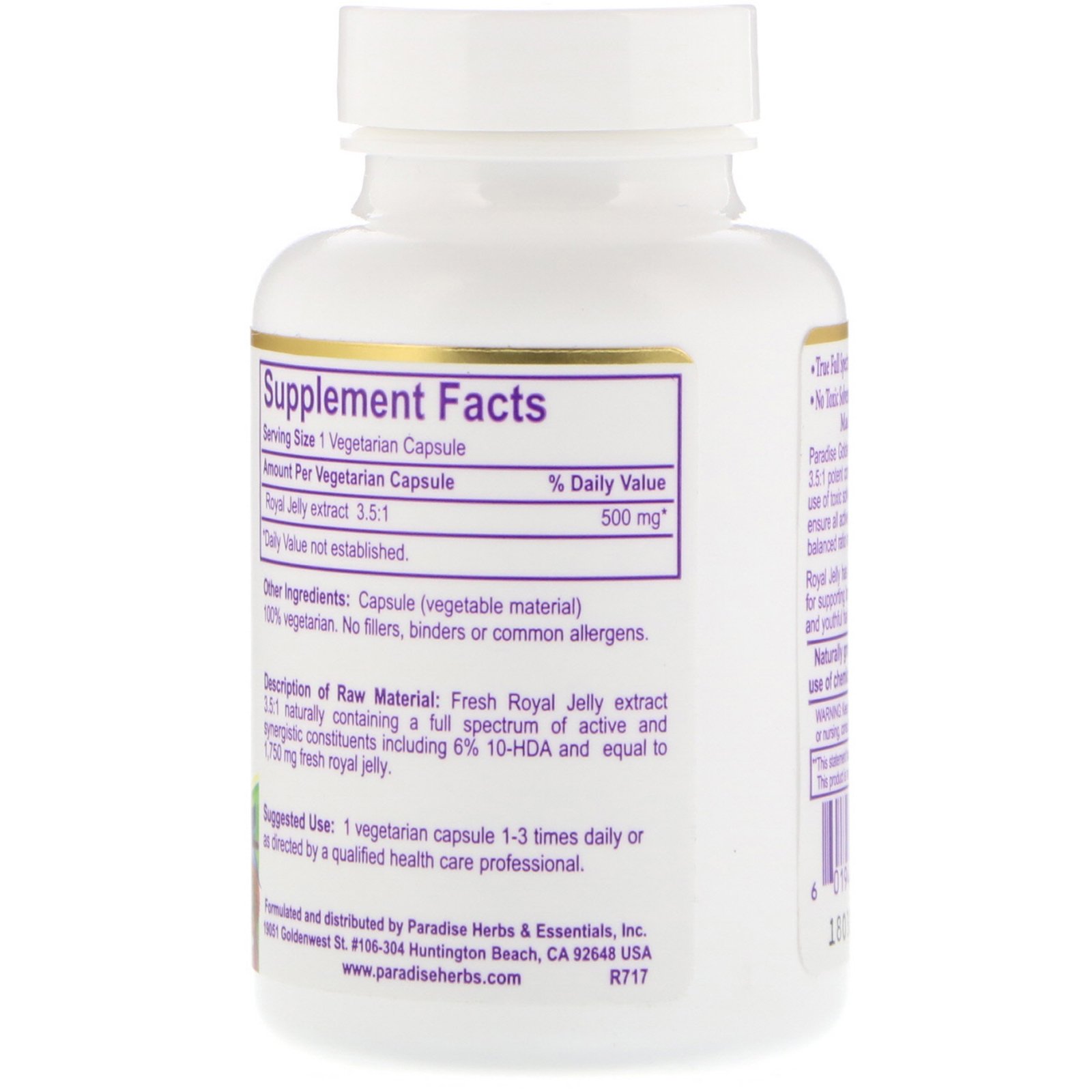 Paradise Herbs, Golden Emperor Royal Jelly, 60 Vegetarian Capsules - Imagem 2
