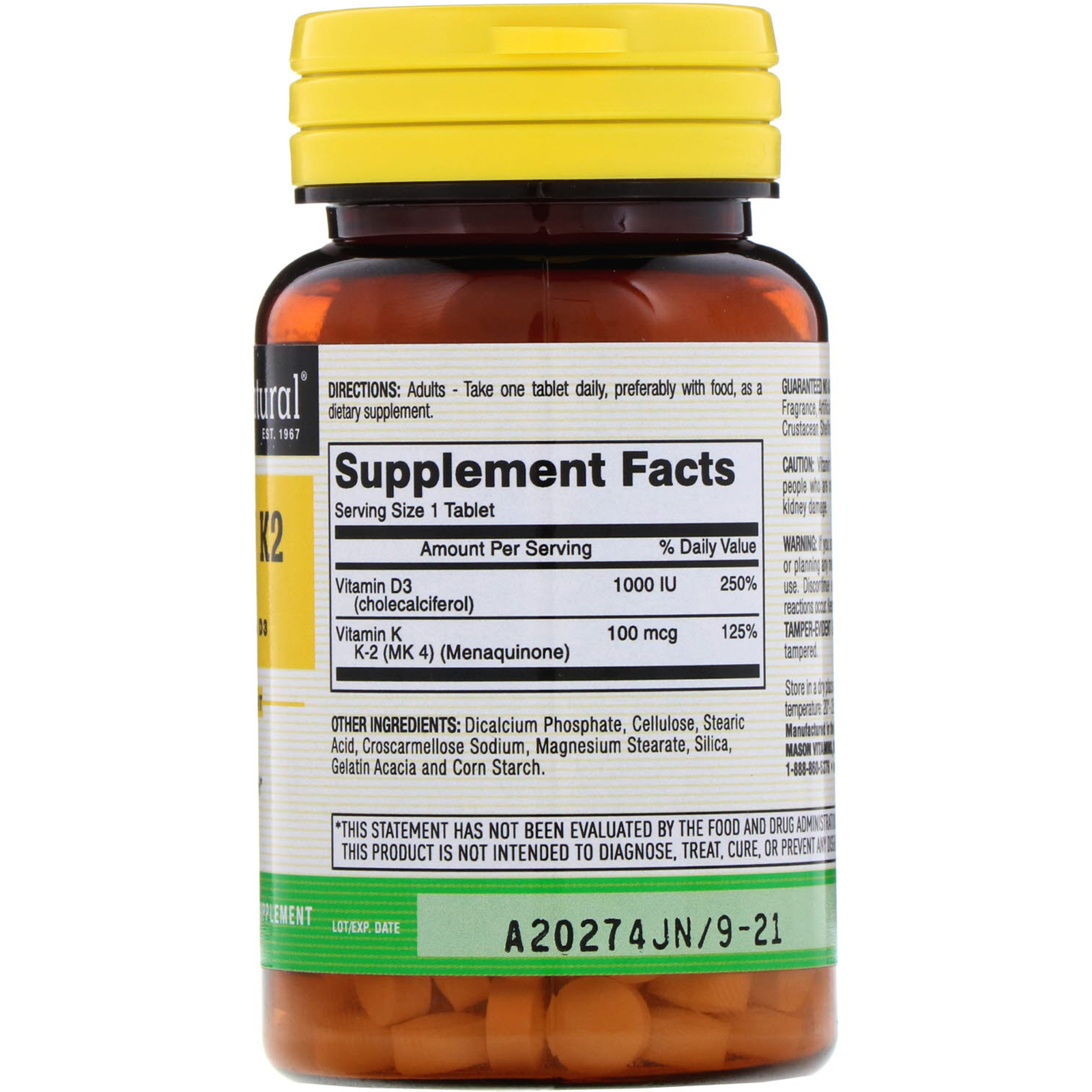 Mason Natural, Vitamina K2 Mais Vitamina D3, 100 mcg, 100 Comprimidos - Imagem 2