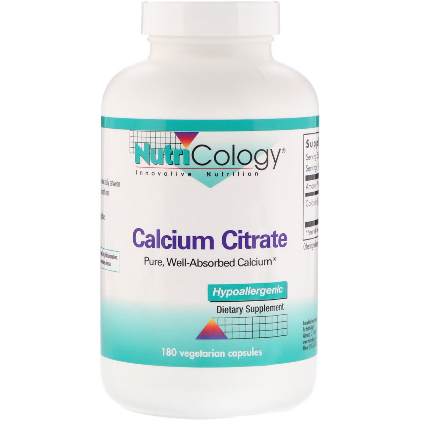 Nutricology, Citrato de Cálcio, 180 Comprimidos Vegetarianos