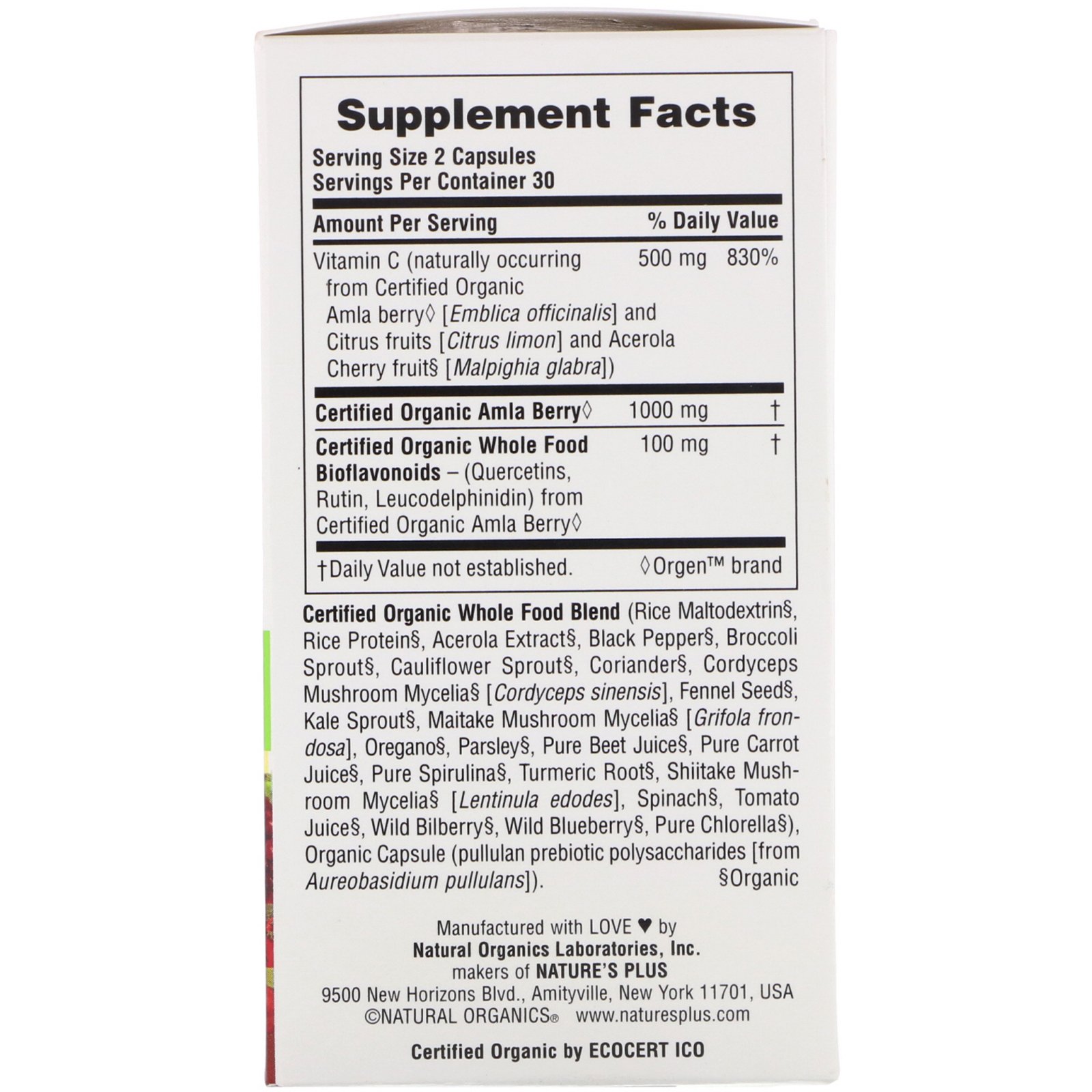 Nature's Plus, Source of Life Garden, Certified Organic Vitamin C, 60 Vegan Capsules - Imagem 2