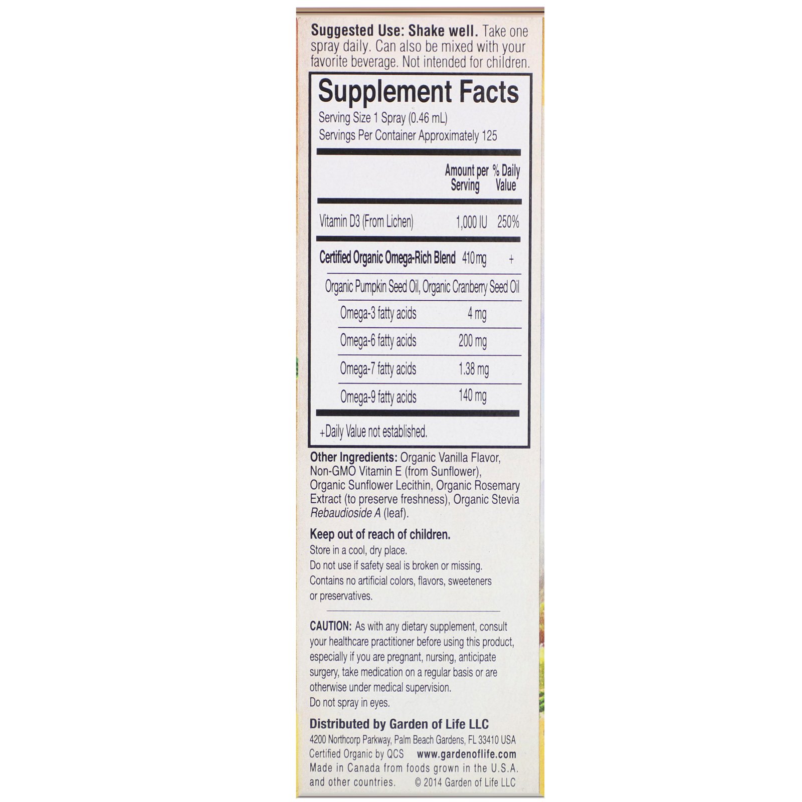 Garden of Life, MyKind Organics, Spray Orgânico de Vitamina D3 Vegana, Baunilha, 1.000 UI, 58 ml (2 oz) - Imagem 2