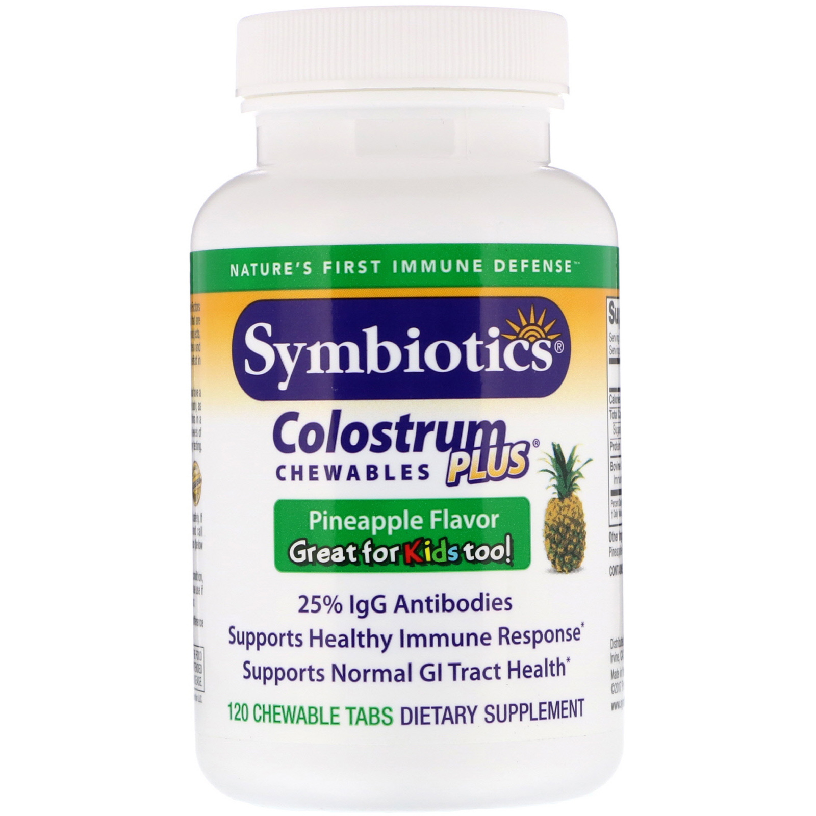 Symbiotics, Colostrum Plus, Mastigáveis, Sabor Abacaxi, 120 Comprimidos Mastigáveis