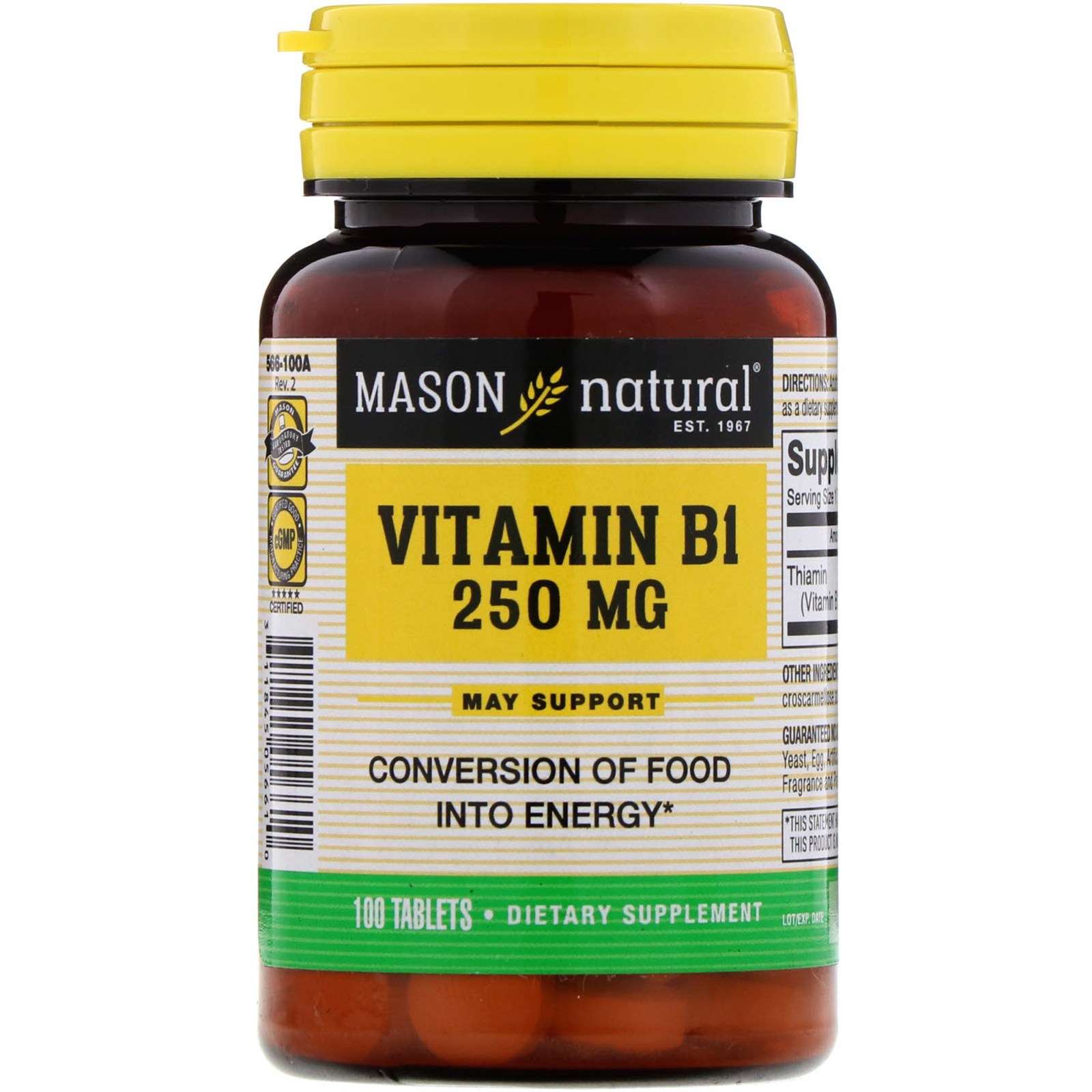Mason Natural, Vitamina B-1, 250 mg, 100 comprimidos