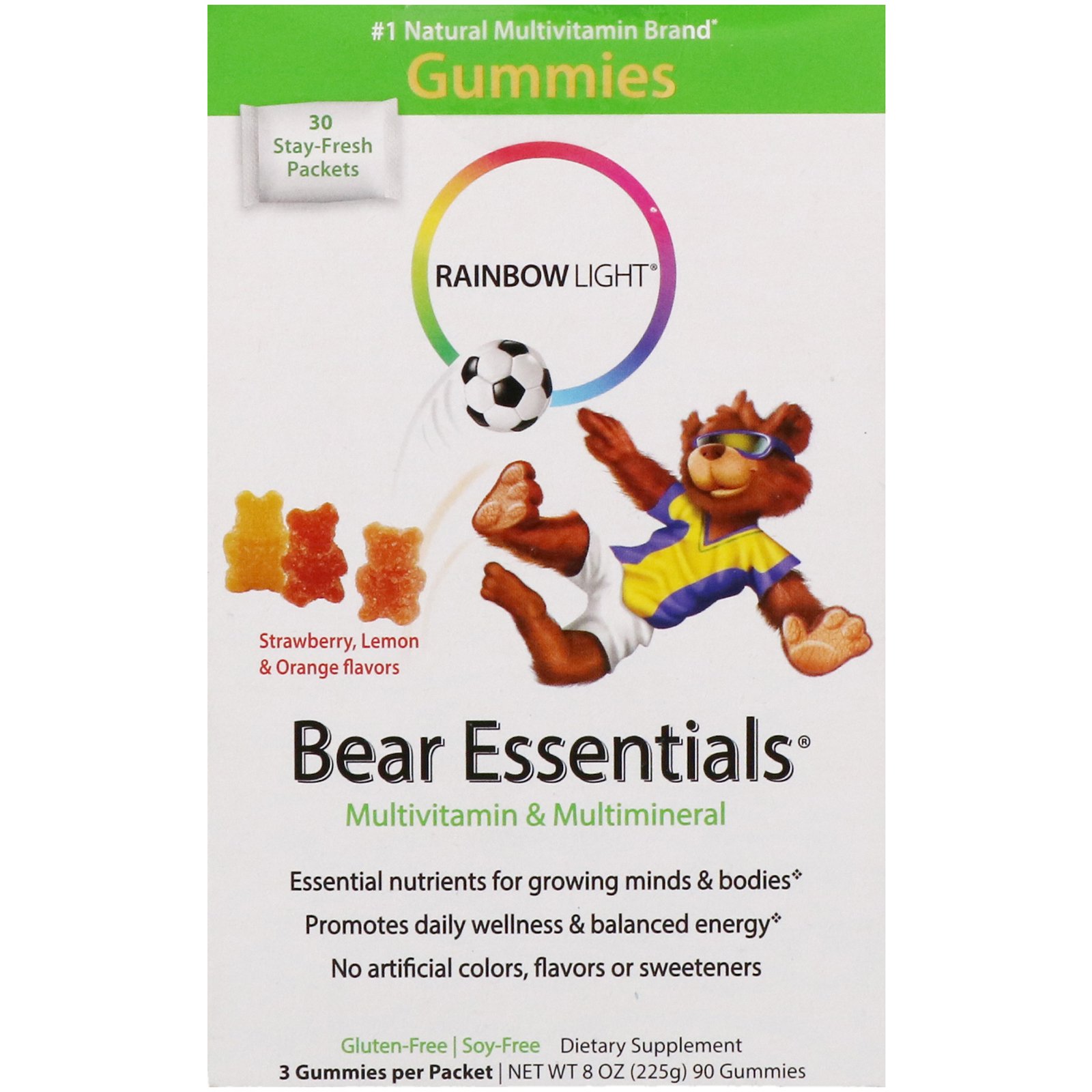 Rainbow Light, Bear Essenciais, Multivitamínico e Multimineral, Balas de Goma, Sabores Limão, Laranja e Morango, 30 Pacotes, 3 Balas de Goma Cada