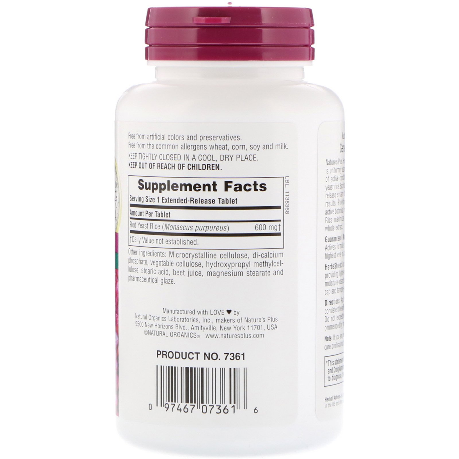 Nature's Plus, Herbal Actives, Arroz de Levedura Vermelha, 600 mg, 60 Comprimidos - Imagem 2