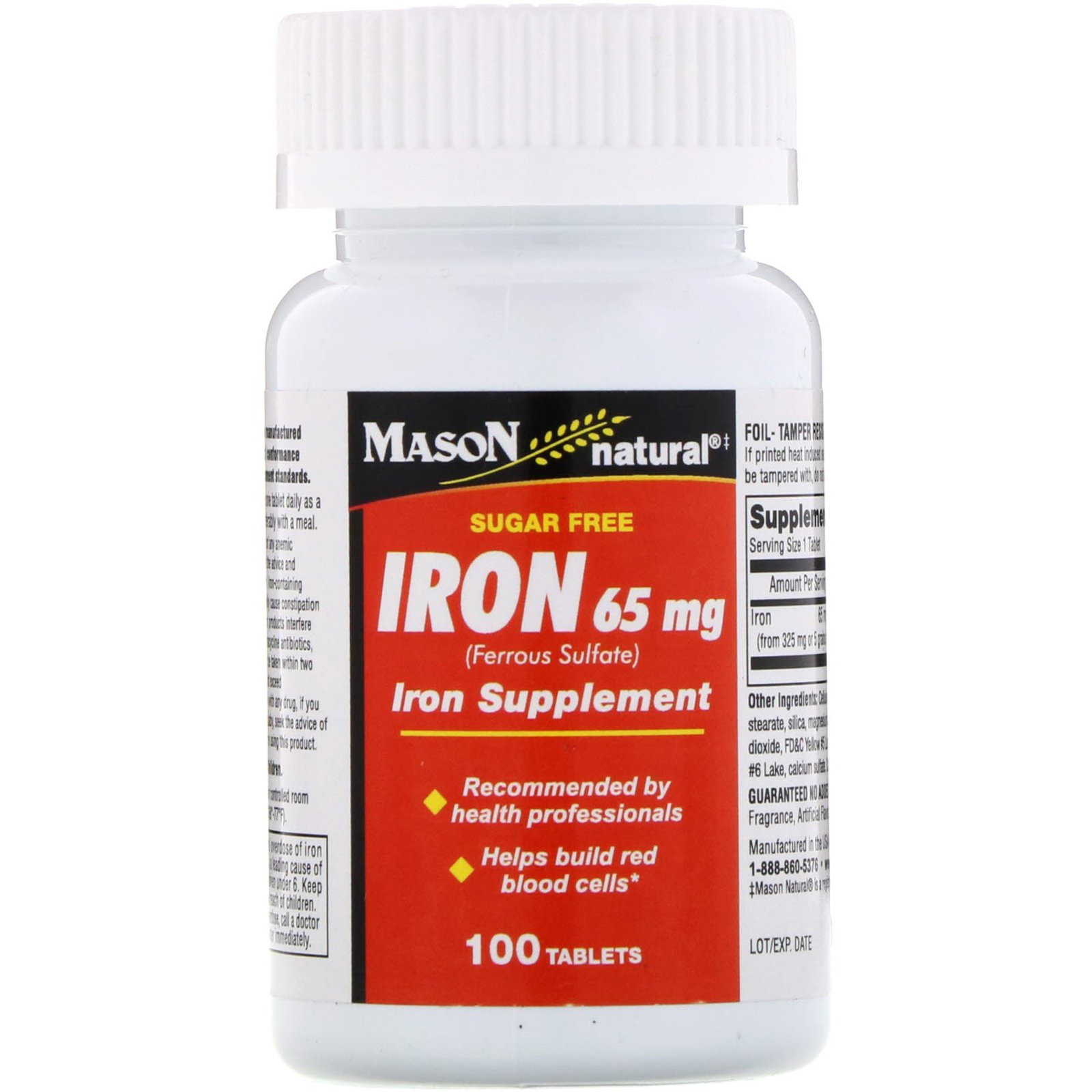 Mason Natural, Ferro, Sem Açúcar, 65 mg, 100 Comprimidos Verdes