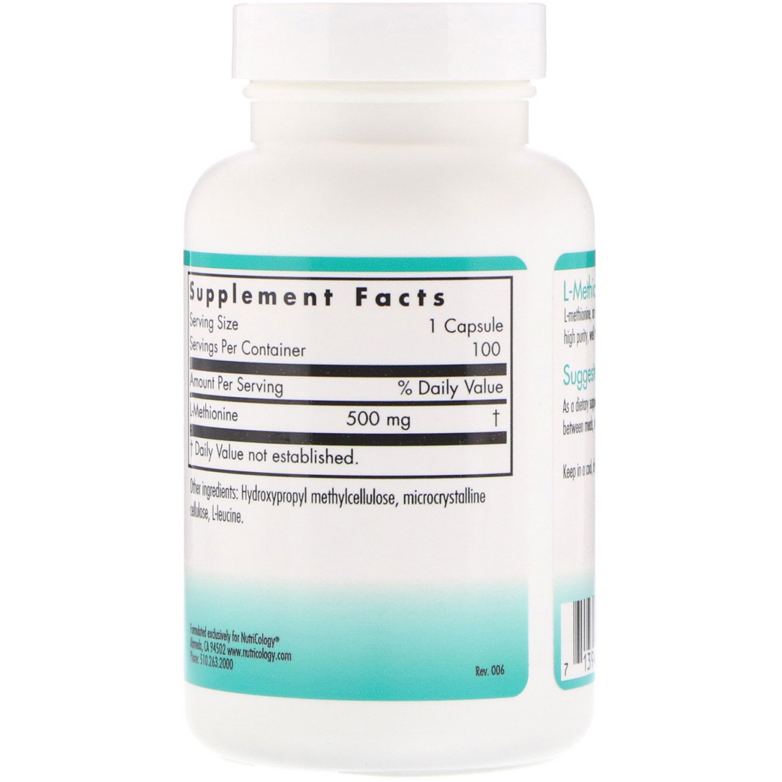 Nutricology, L-Metionina, 100 Cápsulas Vegetais - Imagem 2