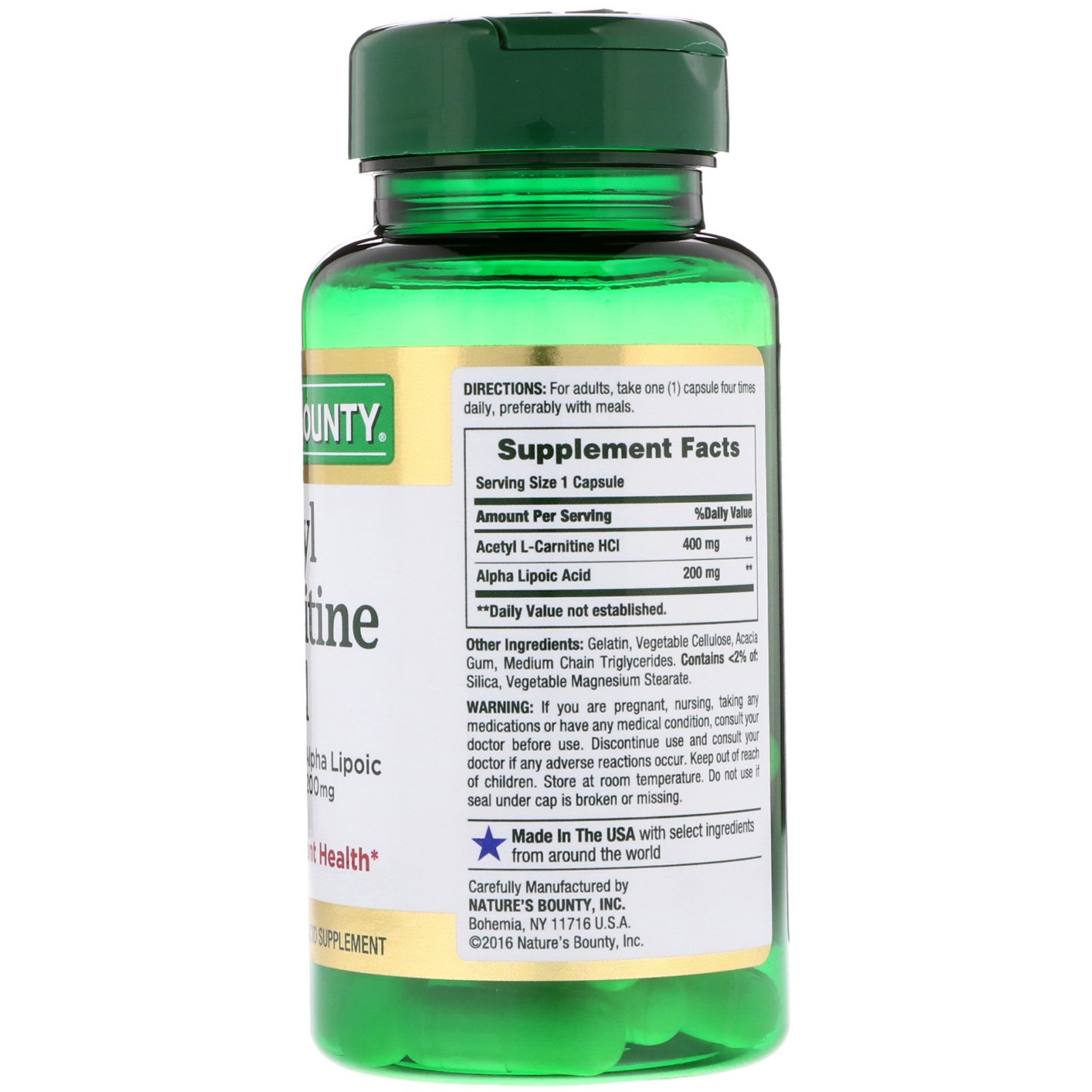Nature's Bounty, HCI L-Carnitina Acetil, 400 mg, 30 Cápsulas - Imagem 2