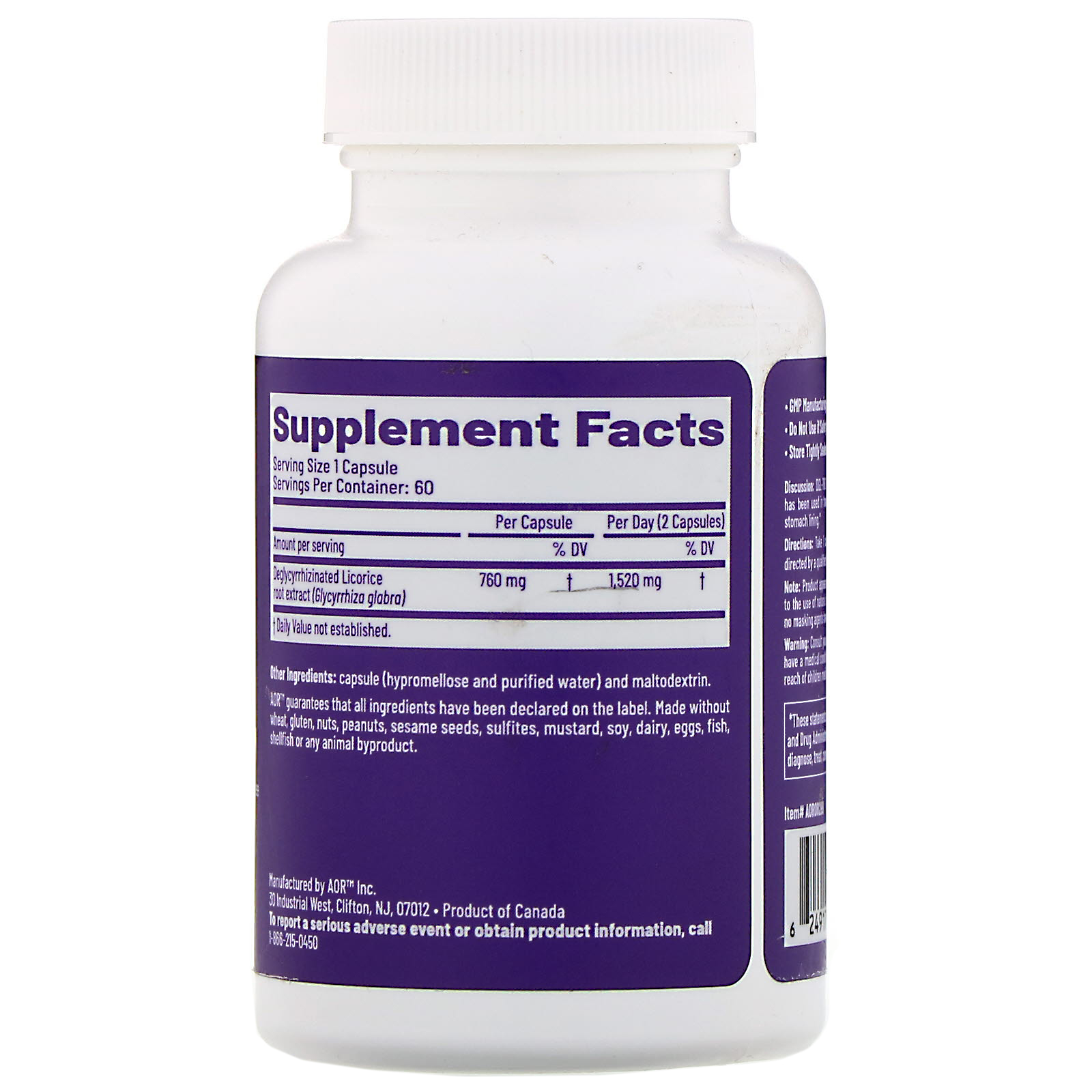 Advanced Orthomolecular Research AOR, DGL-760, 60 Cápsulas Vegetarianas - Imagem 2
