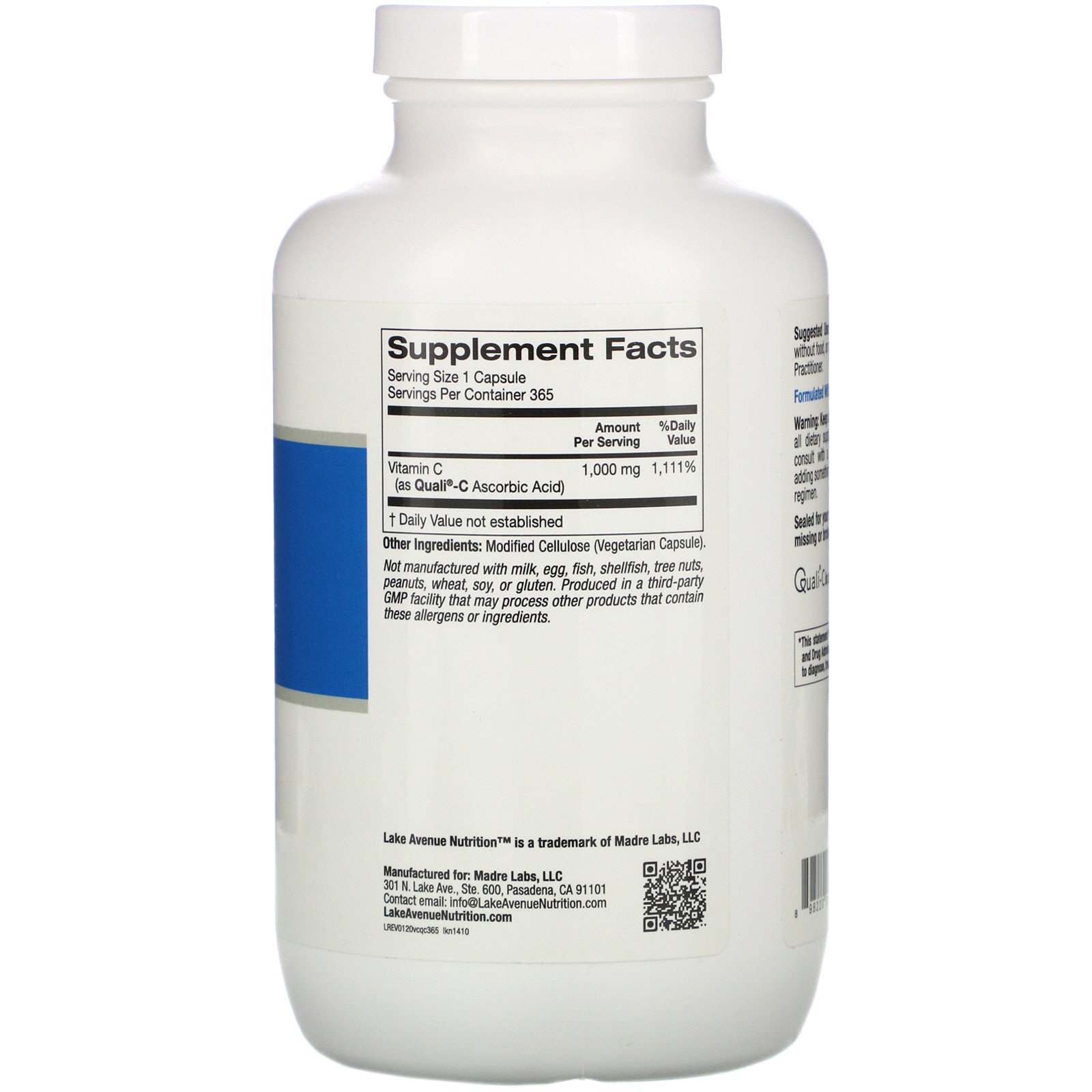 Lake Avenue Nutrition, Vitamin C, Quali-C, 1,000 mg, 365 Veggie Capsules - Imagem 2