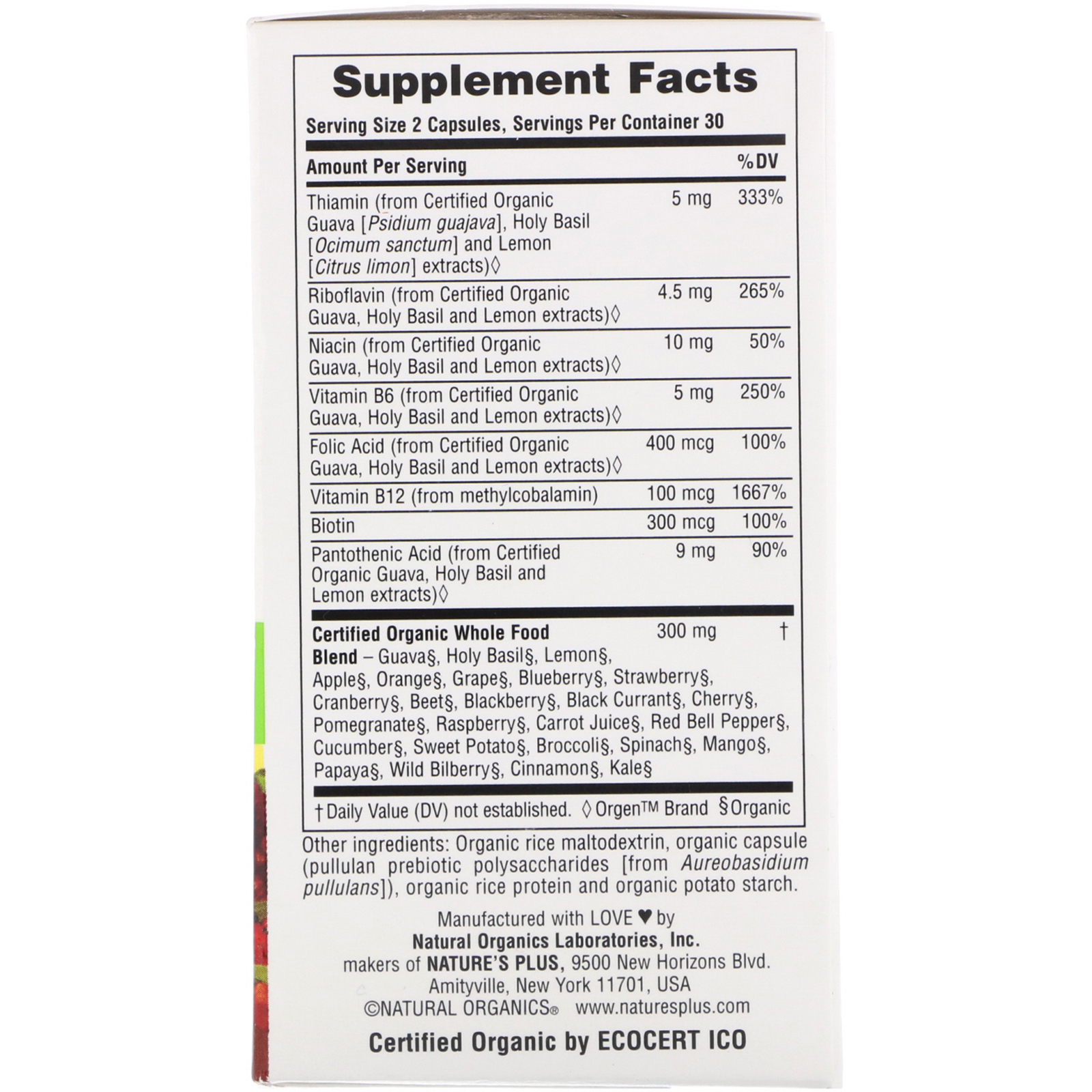 Nature's Plus, Source of Life Garden, Certified Organic B-Complex, 60 Vegan Capsules - Imagem 2