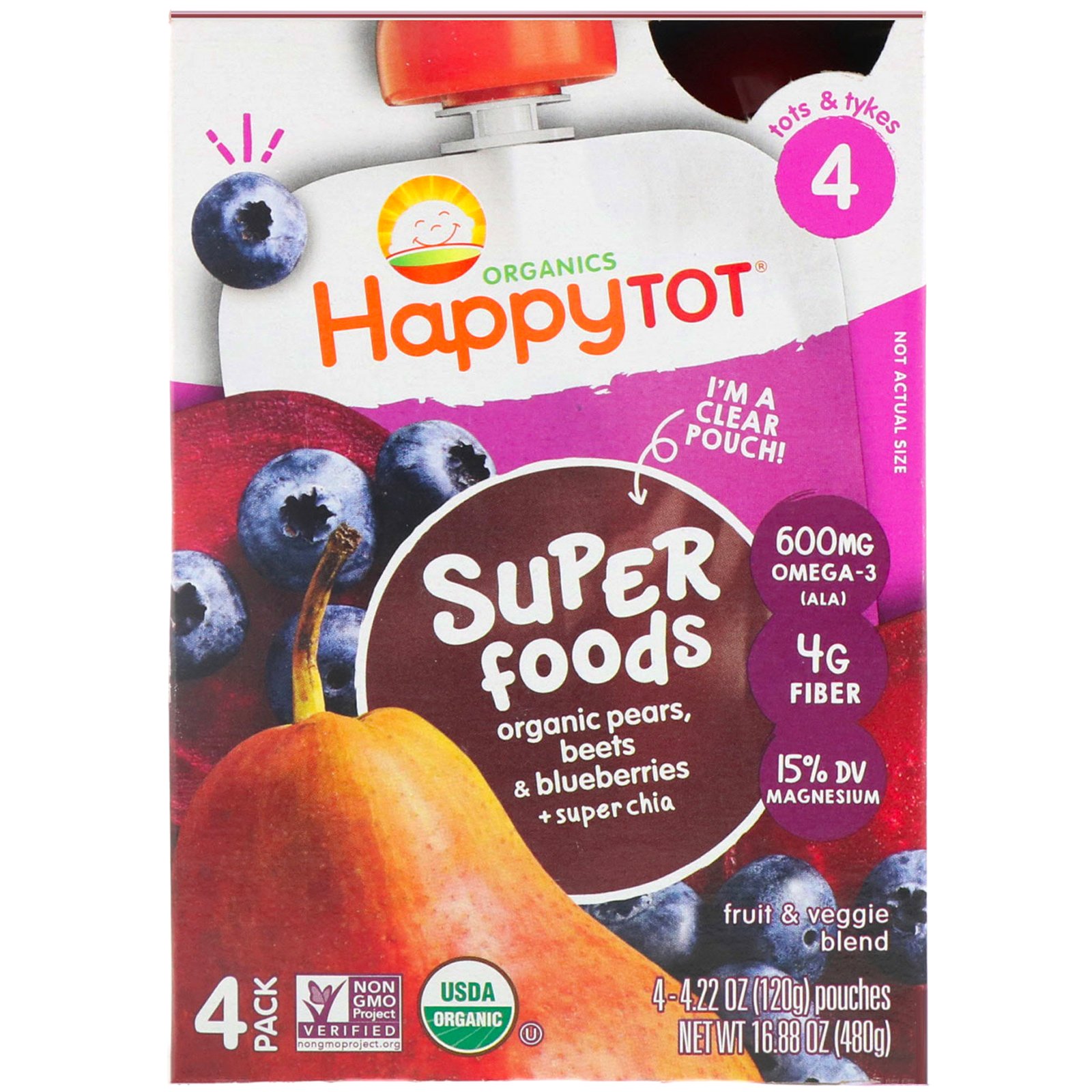 Happy Family Organics, Organic Happy Tot, Super Foods, Organic Pears, Beets & Blueberries + Super Chia, Stage 4, 4 Pack, 4.22 oz (120 g) Each - Imagem 2