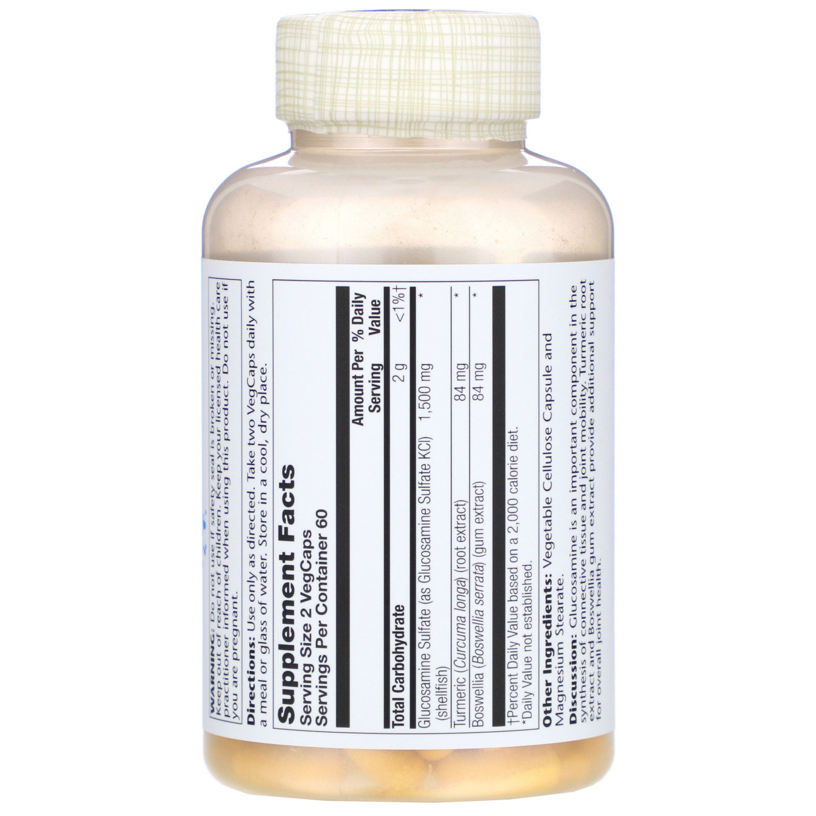 Solaray, Two Daily Glucosamine Sulfate with Turmeric & Boswellia, 1,500 mg, 120 VegCaps - Imagem 2