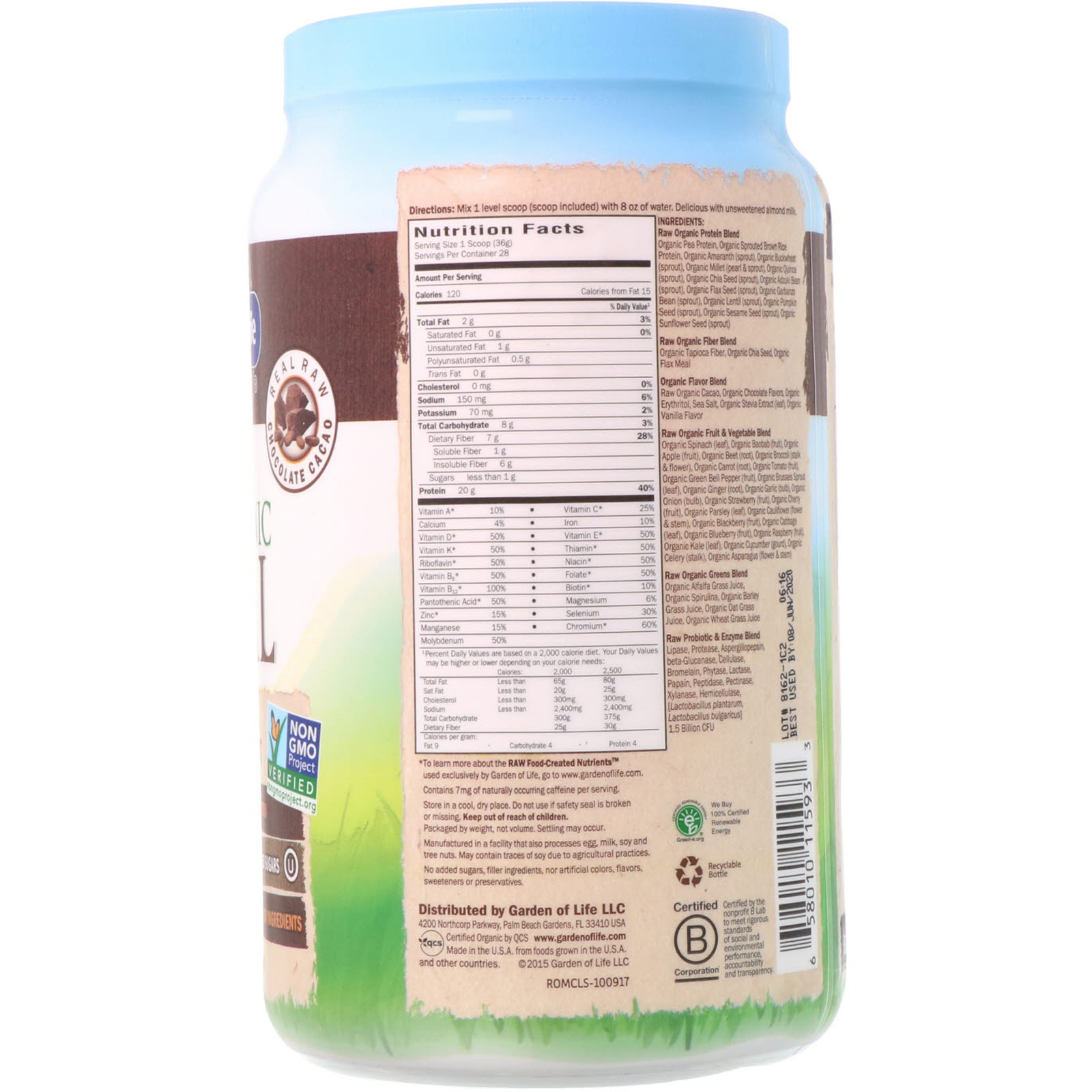 Garden of Life, RAW Organic Meal, Shake & Meal Replacement, Chocolate Cacao, 35.9 oz (1.017 g) - Imagem 2