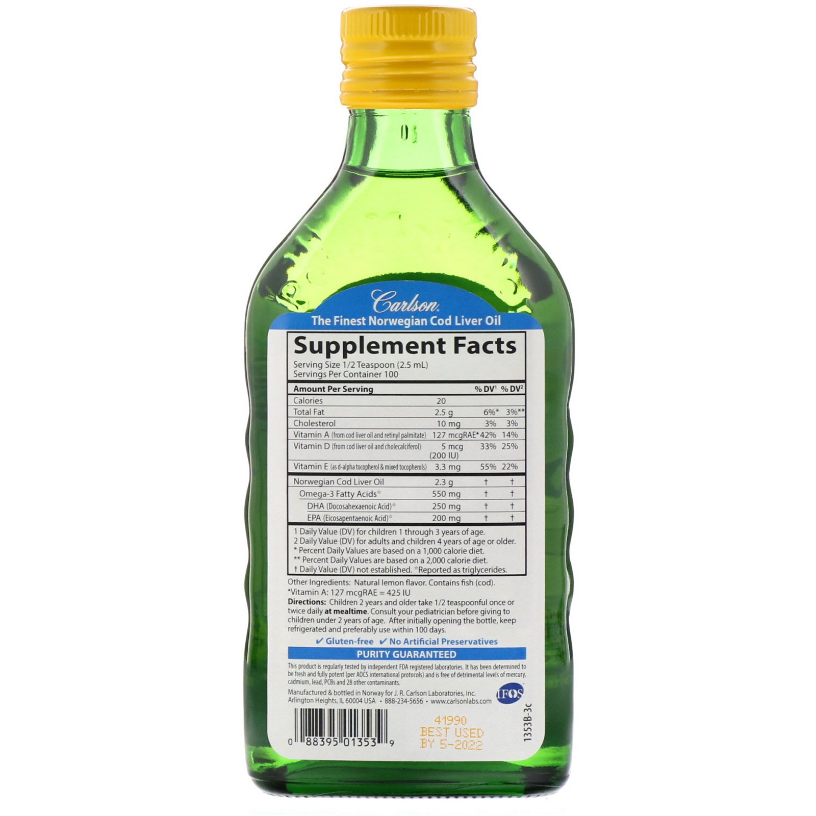Carlson Labs, Kid's Norwegian, Cod Liver Oil, Natural Lemon Flavor, 8.4 fl oz (250 ml) - Imagem 2