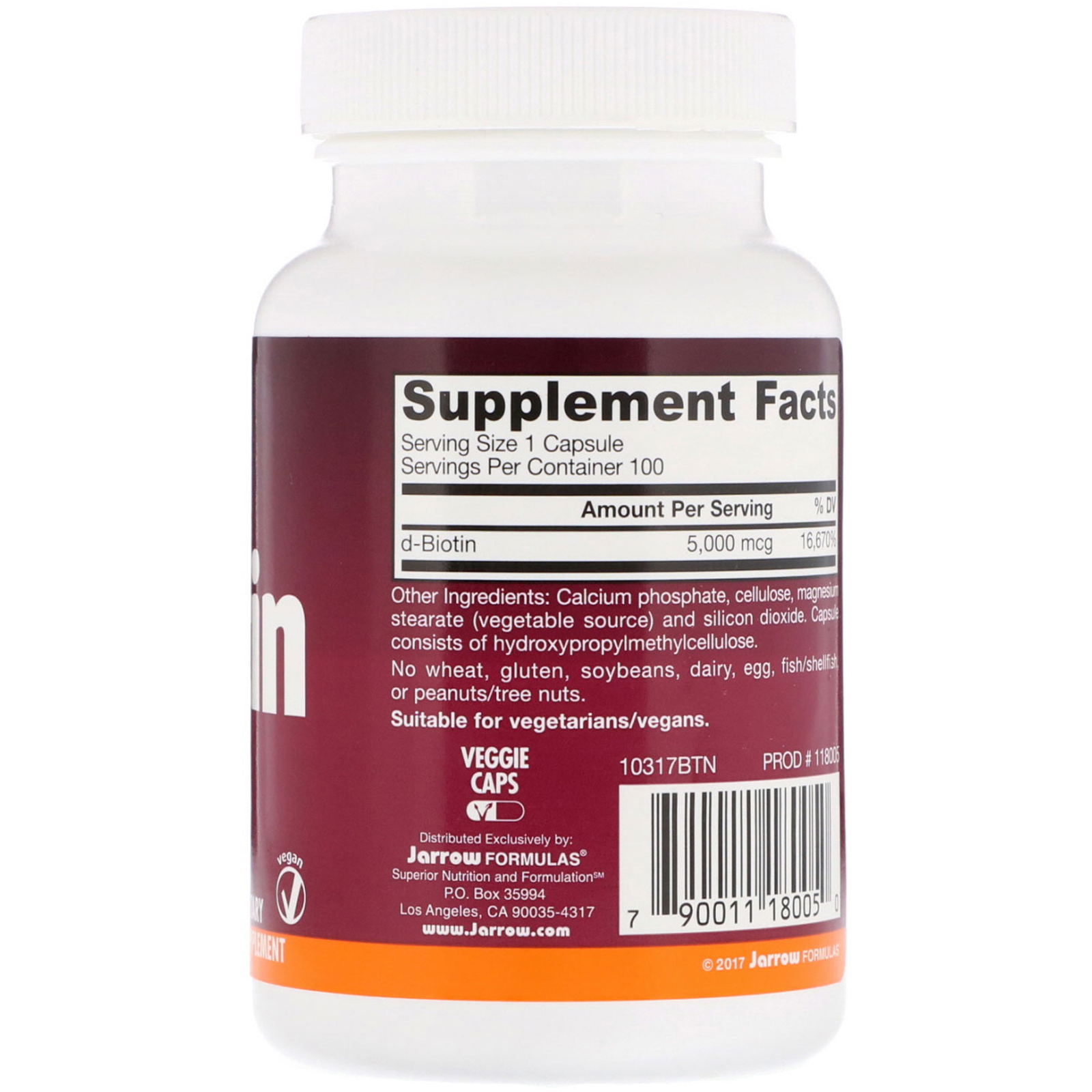 Jarrow Formulas, Biotin, 5,000 mcg, 100 Veggie Caps - Imagem 2